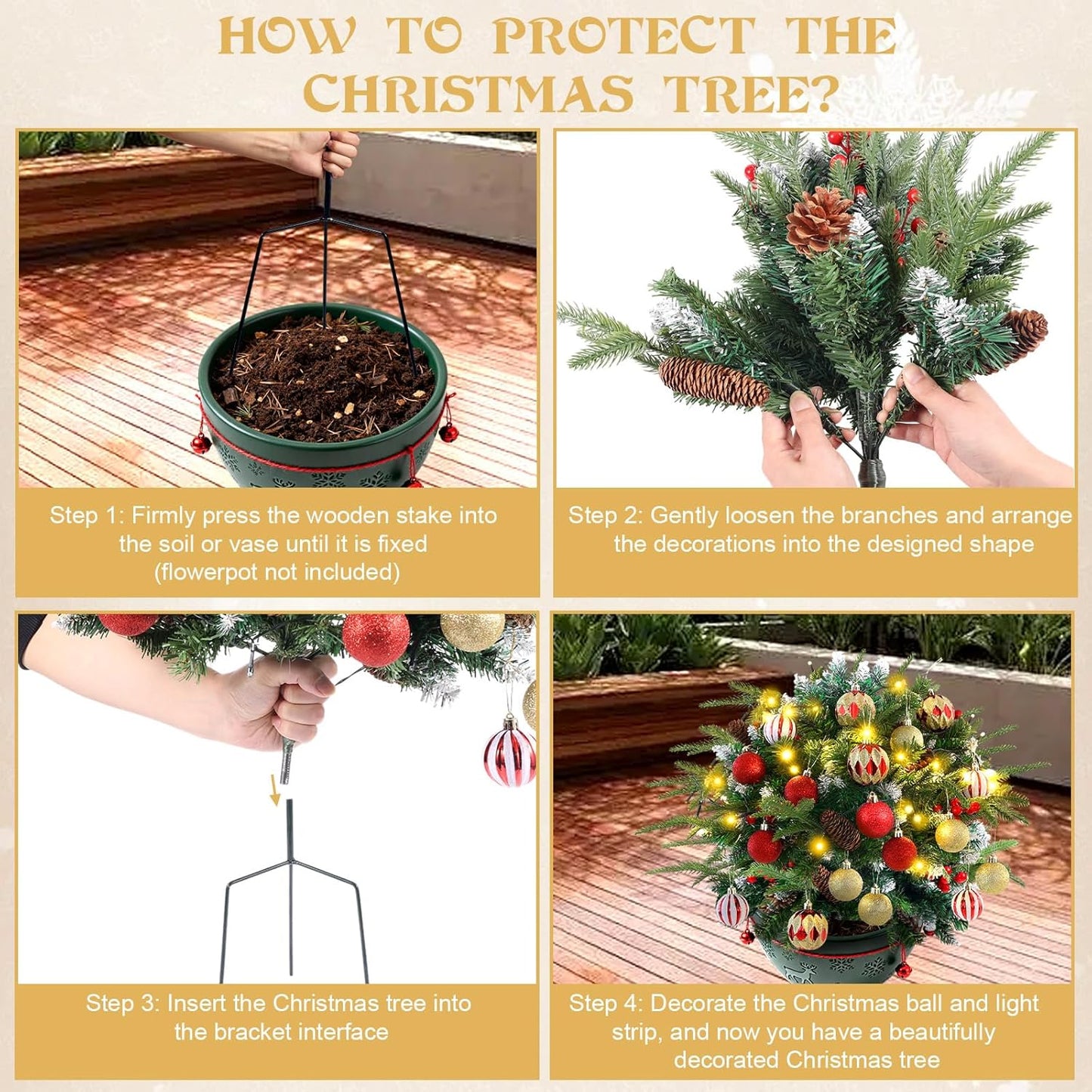 2 Pack Christmas Tree Urn Filler Battery Operated Pre-lit Xmas Pine Trees with Christmas Balls Tripod Stake LED Lights for Porch Yard Garden Outdoor Holiday Decorations