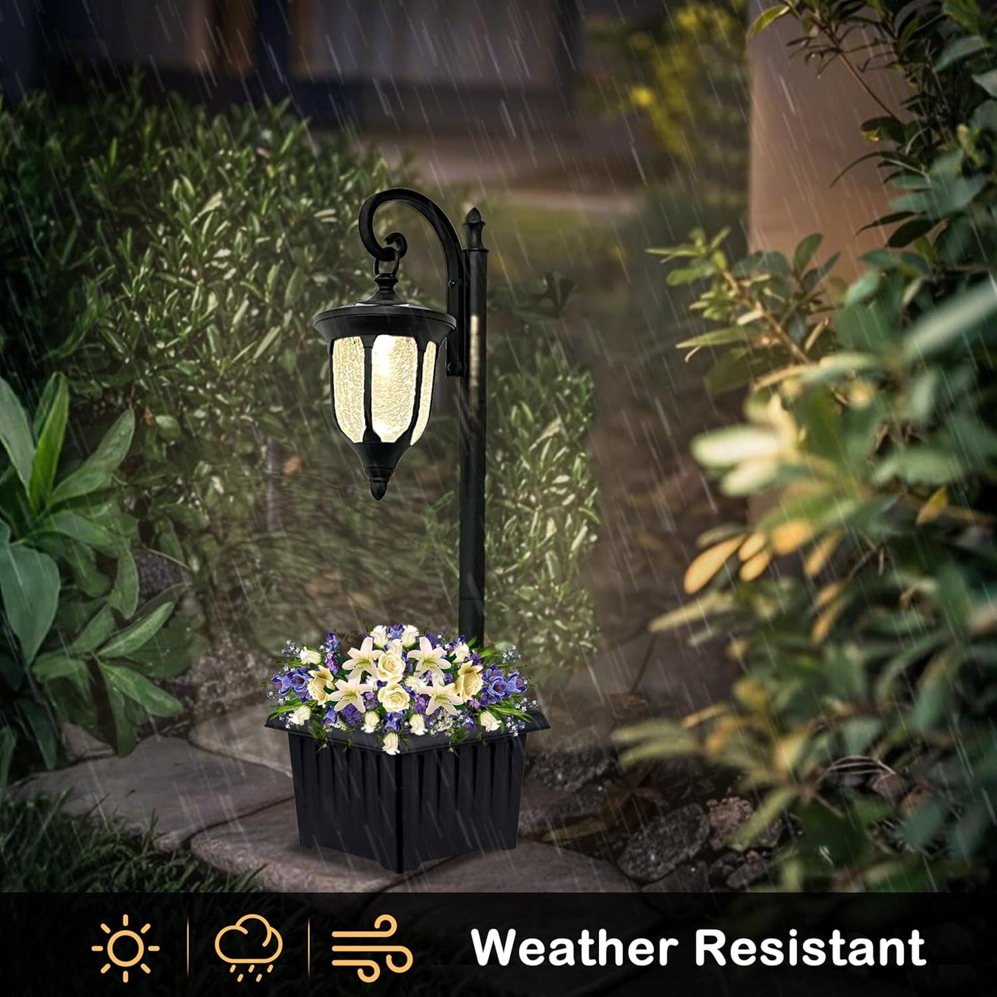 Solar Lamp Post Light with Planter, Outdoor Solar Lights with Crackle 