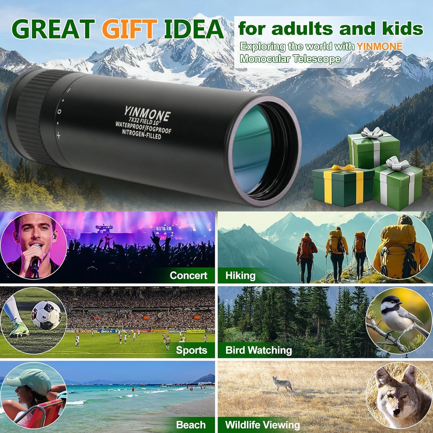 HD Small 7x32 Waterproof Monocular Handheld,with Clear Vision FMWC BAK4 Lens,Metal Body Heavy Duty Pocket Compact Monocular Telescope for Outdoor Hiking,Camping,Travel Bird Watching,Hunting,Man Gift