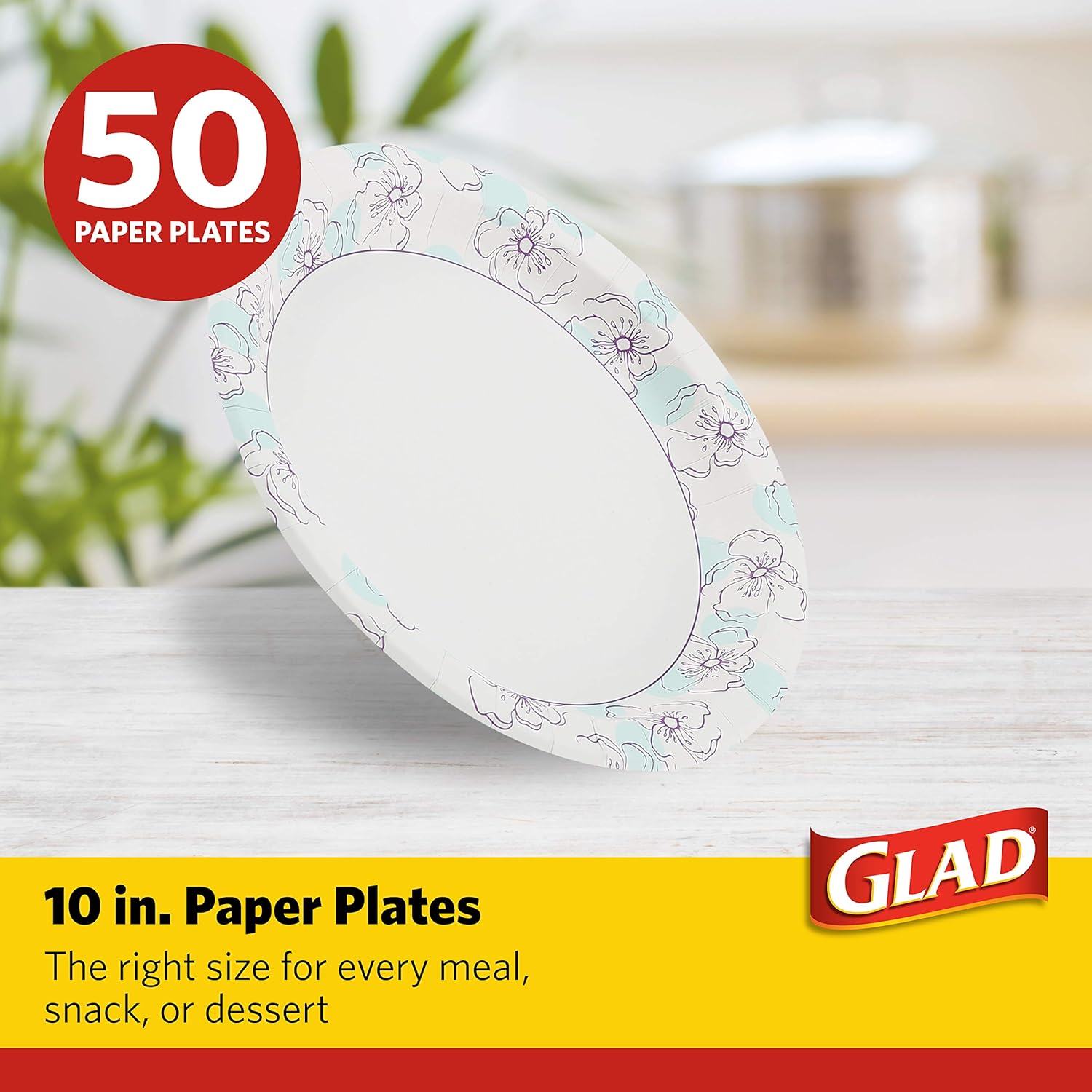 Glad Round Disposable Paper Plates, Blue Flower Design, Heavy Duty Soa