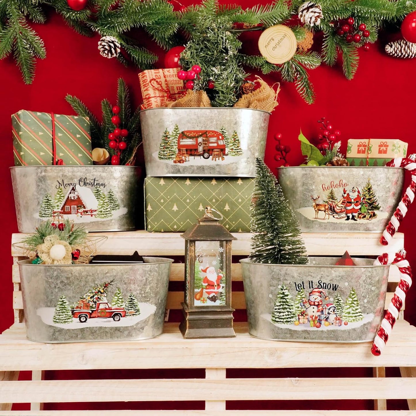 Putuo Decor Christmas Metal Buckets, 5 Pieces Christmas Tin Pots Small Christmas Decorations Oval Pots, Galvanized Beverage Tubs Small Pails for Party Home Table Centerpieces Storage Decor 9in