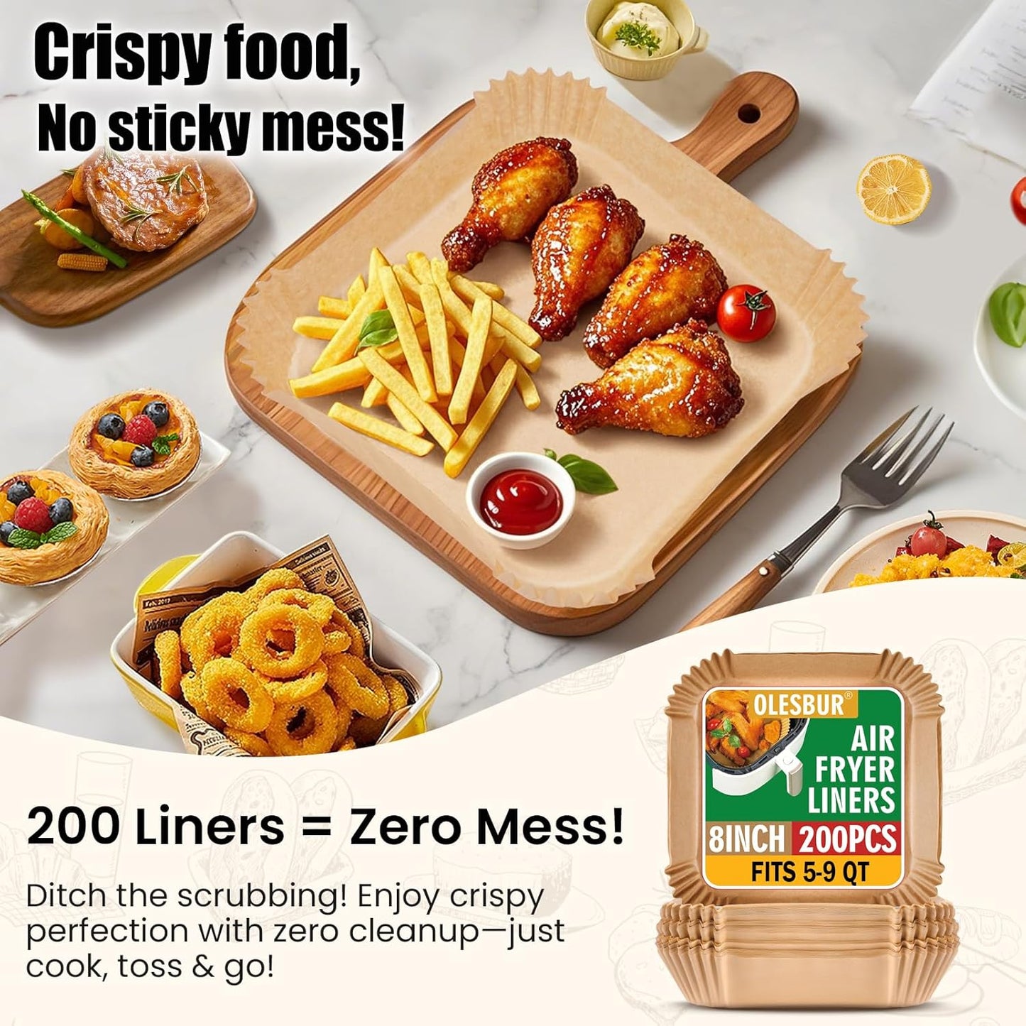 Air Fryer Liners Disposable, 200Pcs 8 Inch Airfryer Paper Liners, Unbleached Parchment Paper for Air Fryer Basket, Non-Stick Air Fryer Accessories, Liners for Baking, Parchment Paper Sheets