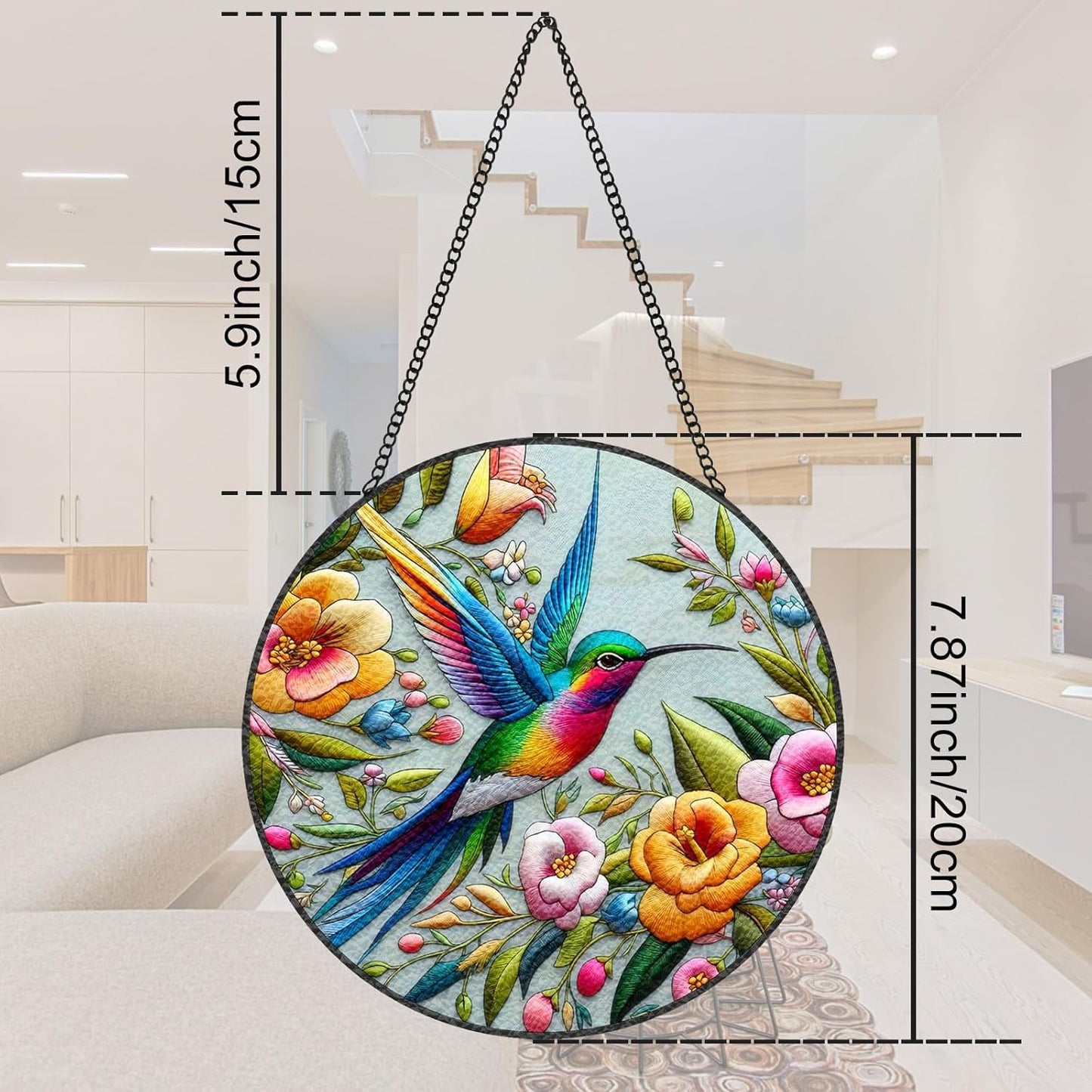Hummingbird Suncatcher Stained Glass Window Hanging Design of 7.8''Hummingbirds Flowers for Sun Catchers Indoor Window Wall Art Home Decor Gift Painted Glass Panel
