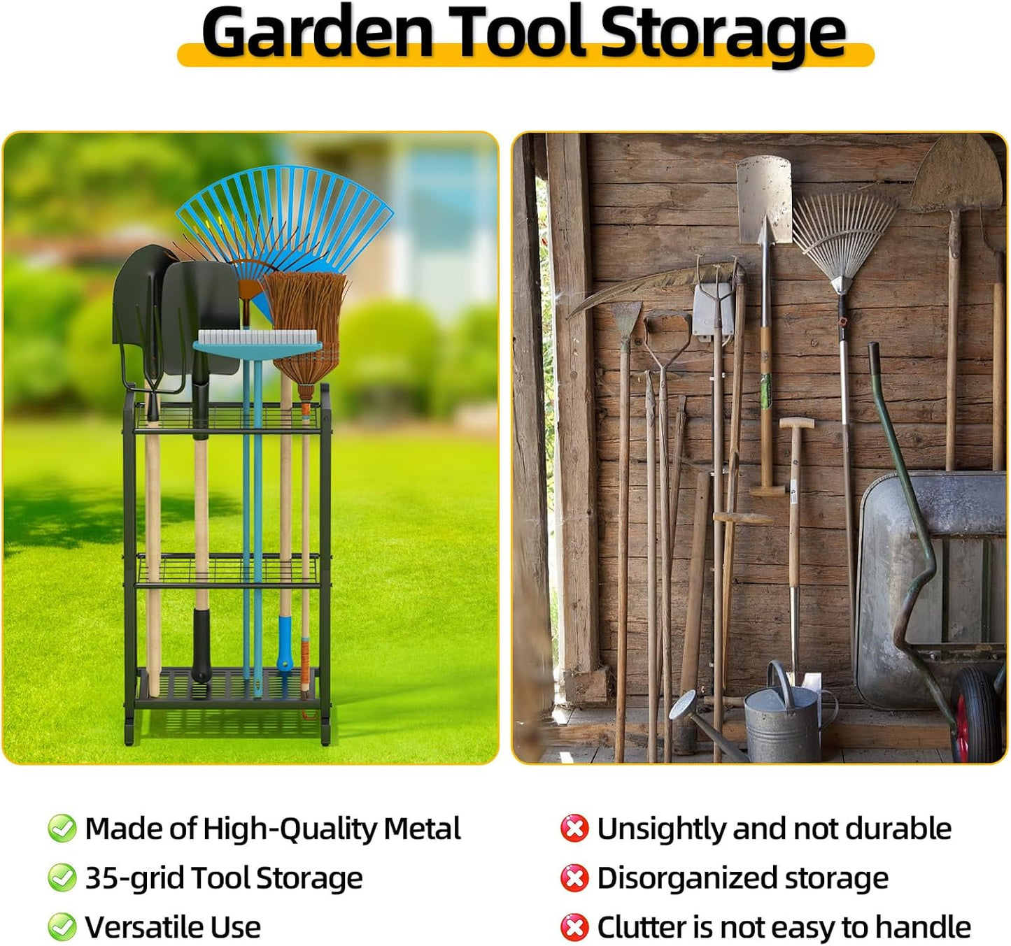Garden Tool Organizer for Garage，Garden Tool Storage Rack with Wheels，Yard Tool Holder for Garage, Shed, Outdoor, Tool Stand