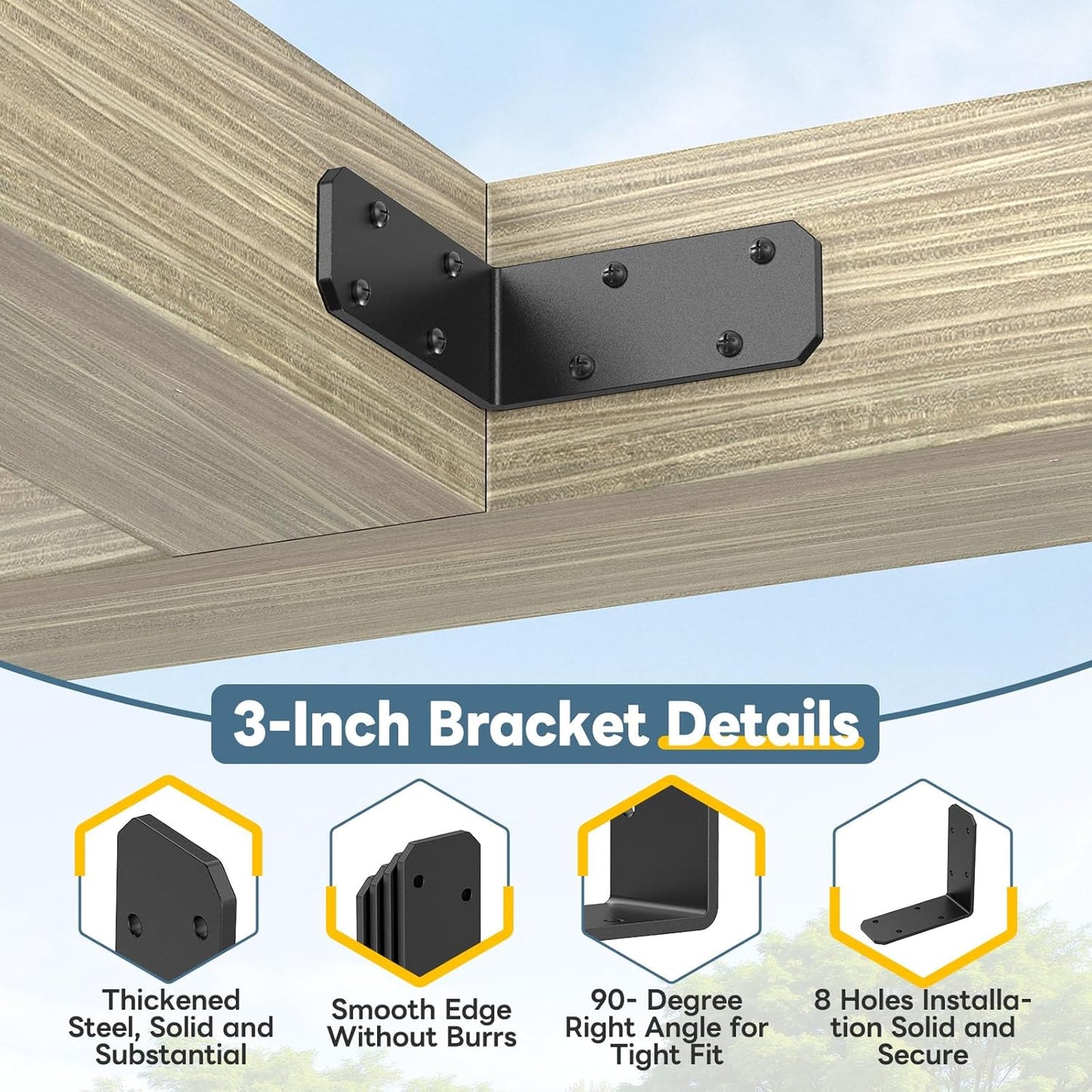 3"×3"×1.2" L Bracket for Wood, 90 Degree Angle Bracket, Galvanized Corner Brace for Wood Post, Floating Shelves, Raised Garden Bed, Cabinet, Table, Furniture (Black-4PCS)