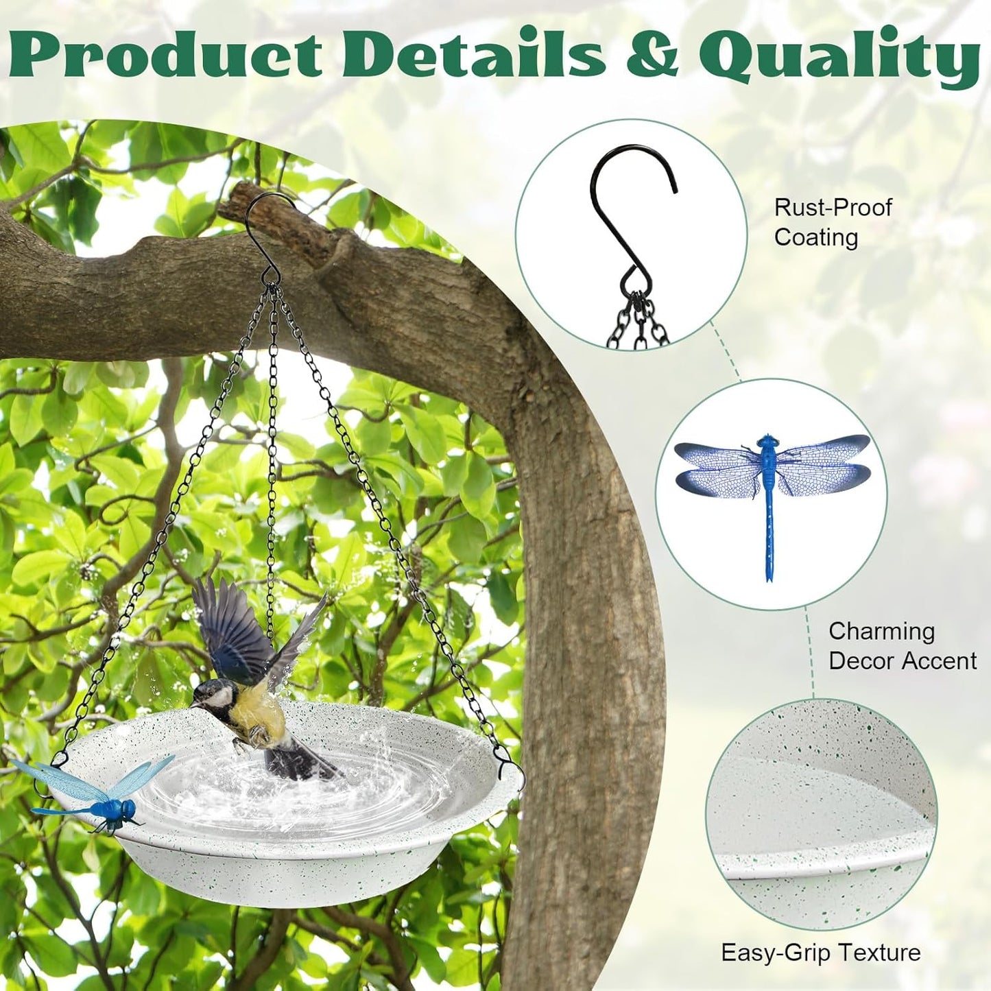Metal Hanging Bird Bath for Outdoors,Gray Speckled Granite Look–Rust Proof Bird Water Bowl with Magnetic Dragonfly Decor,11.4 Inch Shallow Feeder Tray for Garden & Yard