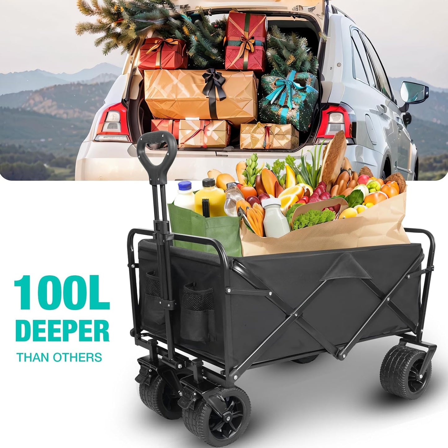 Collapsible Beach Wagon with All-Terrain Big Wheels,Folding Wagon Carts Heavy Duty with Adjustable Handle for Outdoor,Garden,Sports and Grocery, 220lbs Capacity, Black