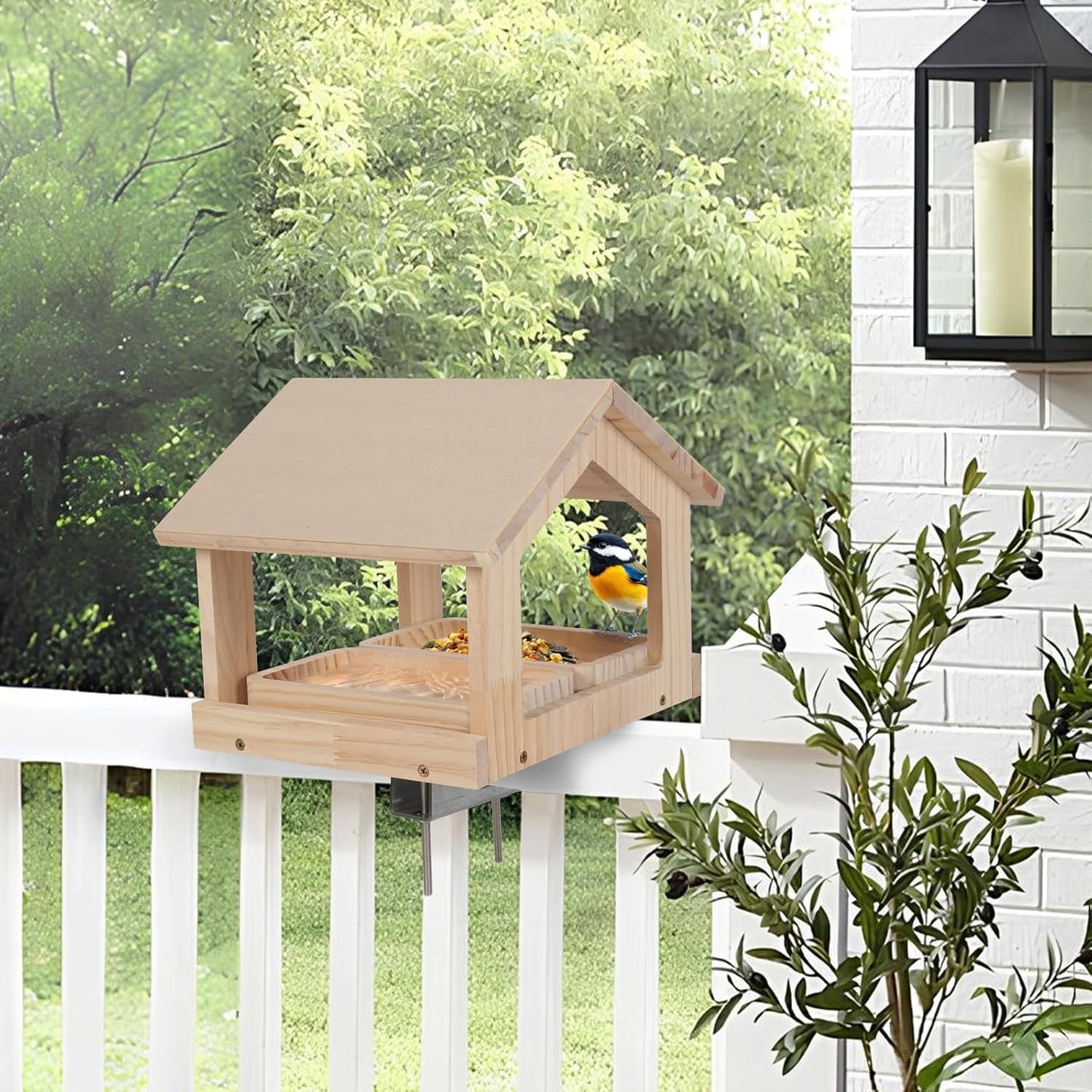 Wooden Bird Feeder with 2 Trays Metal Bracket Railing Mount Balcony Birdfeeder Large Capacity Weatherproof Platform Wild Bird Feeding House for Cardinals Finches Garden Yard Decoration