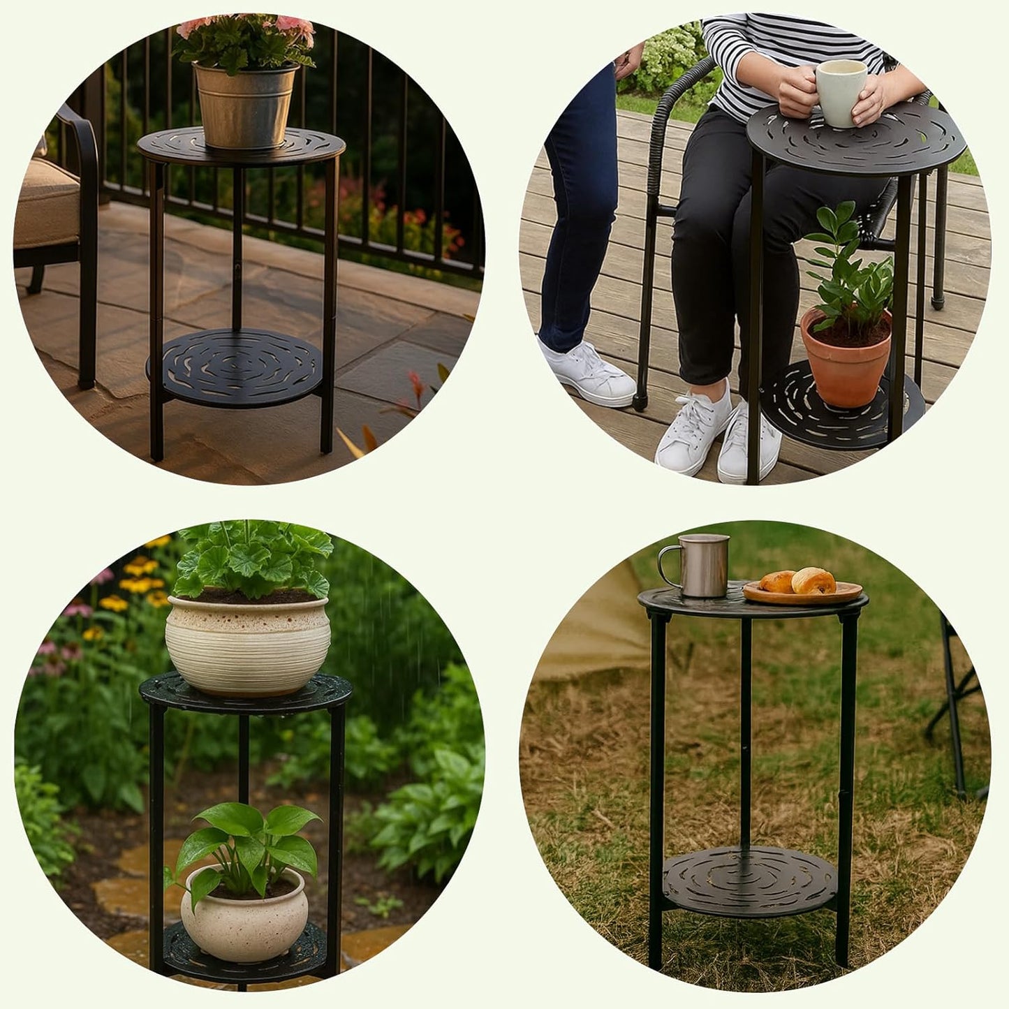 2-Tier Metal Round Side Table Black Accent Coffee Tables Small Space C