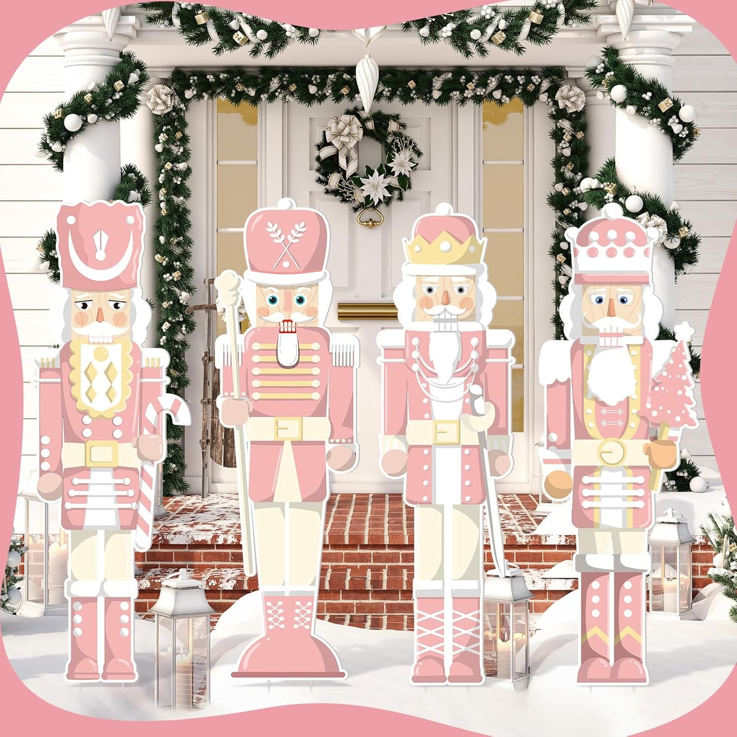 Geetery 4 Pcs Large Nutcracker Yard Sign with 16 Stakes 32 Inch Christmas Yard Decorations Outdoor Holiday Nutcracker Xmas Outside Lawn Decor for Garden Pathway Party(Pink,Cute)