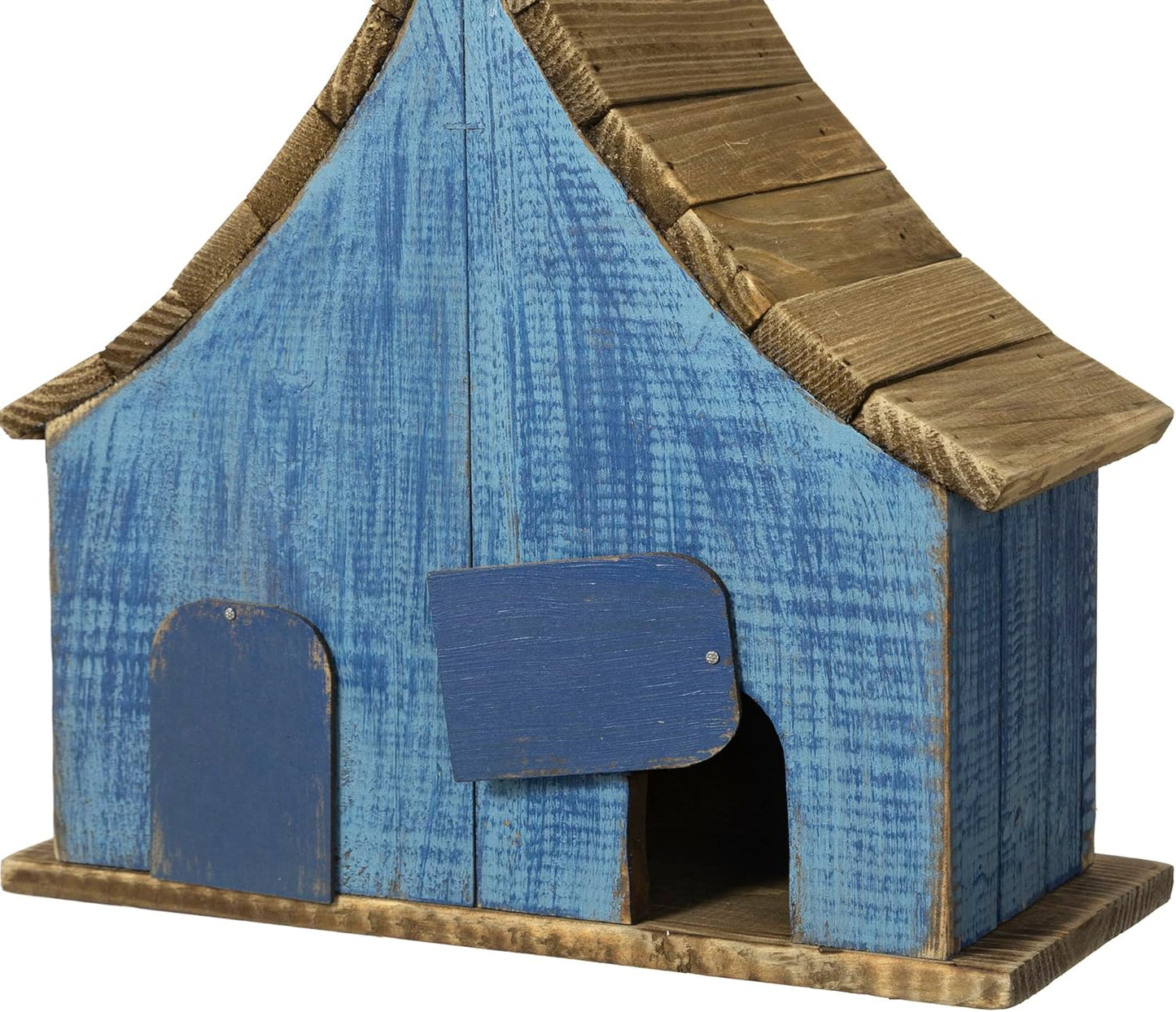 Glitzhome 10.5" H Hanging Birdhouse Washed Blue Distressed Decorative Wooden Two-Story Townhouse with 3D Flowers for Outside