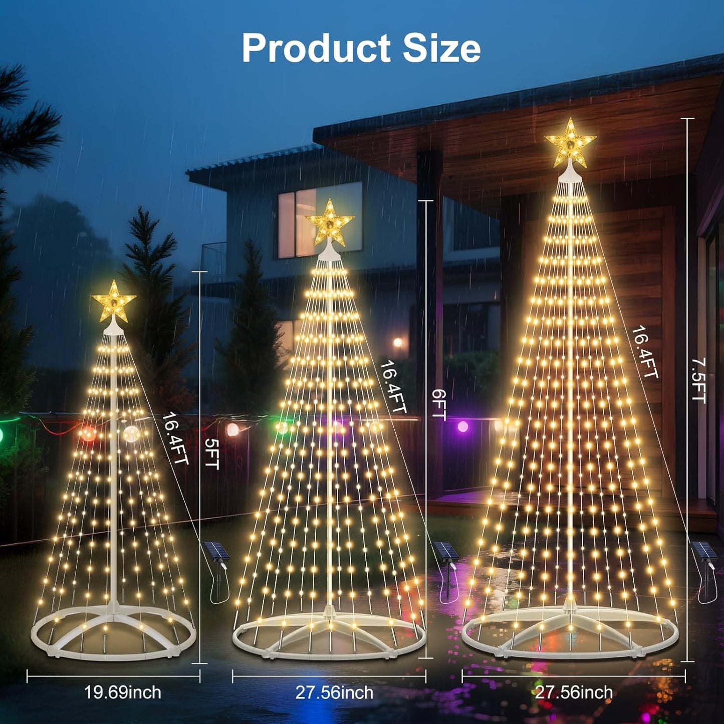 Outdoor Solar Christmas Tree, 3PCS LED Christmas Trees with Remote, 5ft/6ft/7.5ft Multi-Size Set, 8 Modes, IP65 Waterproof, USB Backup, Auto On/Off for Yard Garden Holiday Decor, Warm White