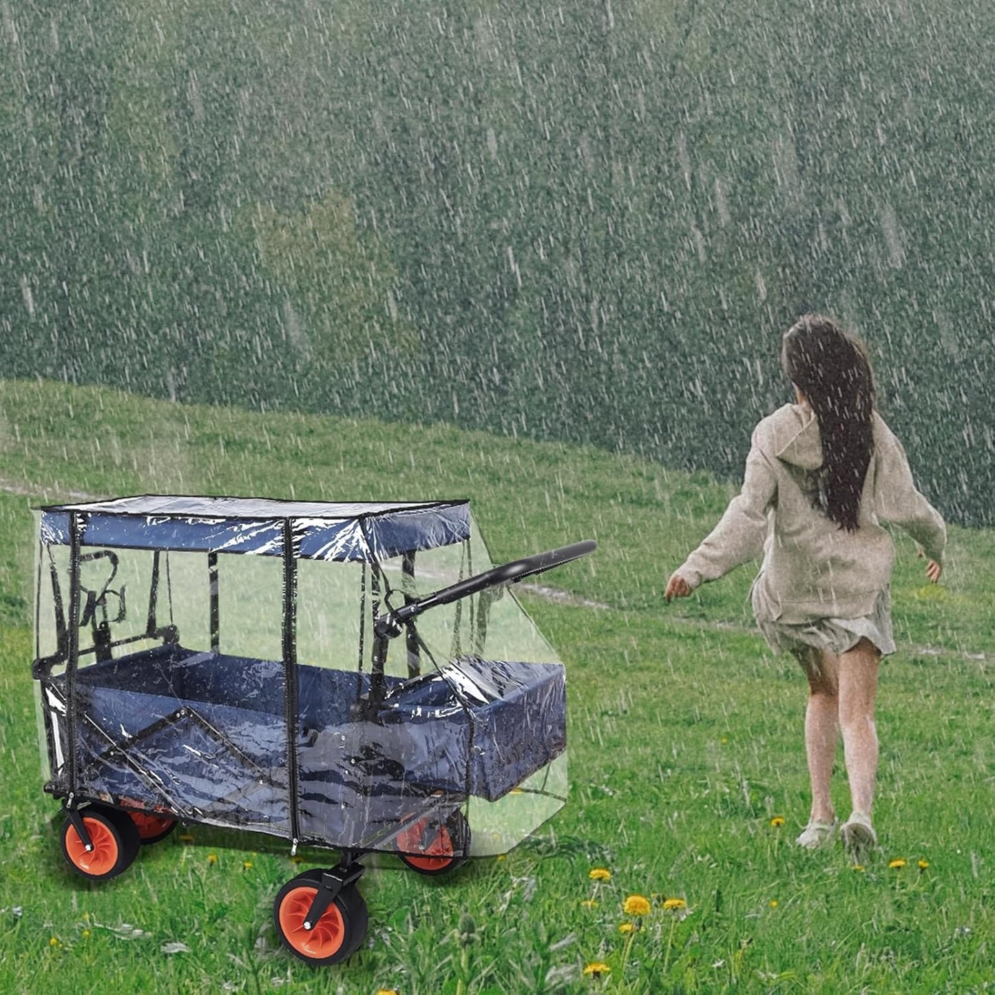 Rain Cover for Wagon, Universal EVA Waterproof Canopy for Collapsible Folding Carts & Strollers, Lightweight All-Weather Windproof Cover with Zippered Side Doors for Camping, Garden Outdoor Activities