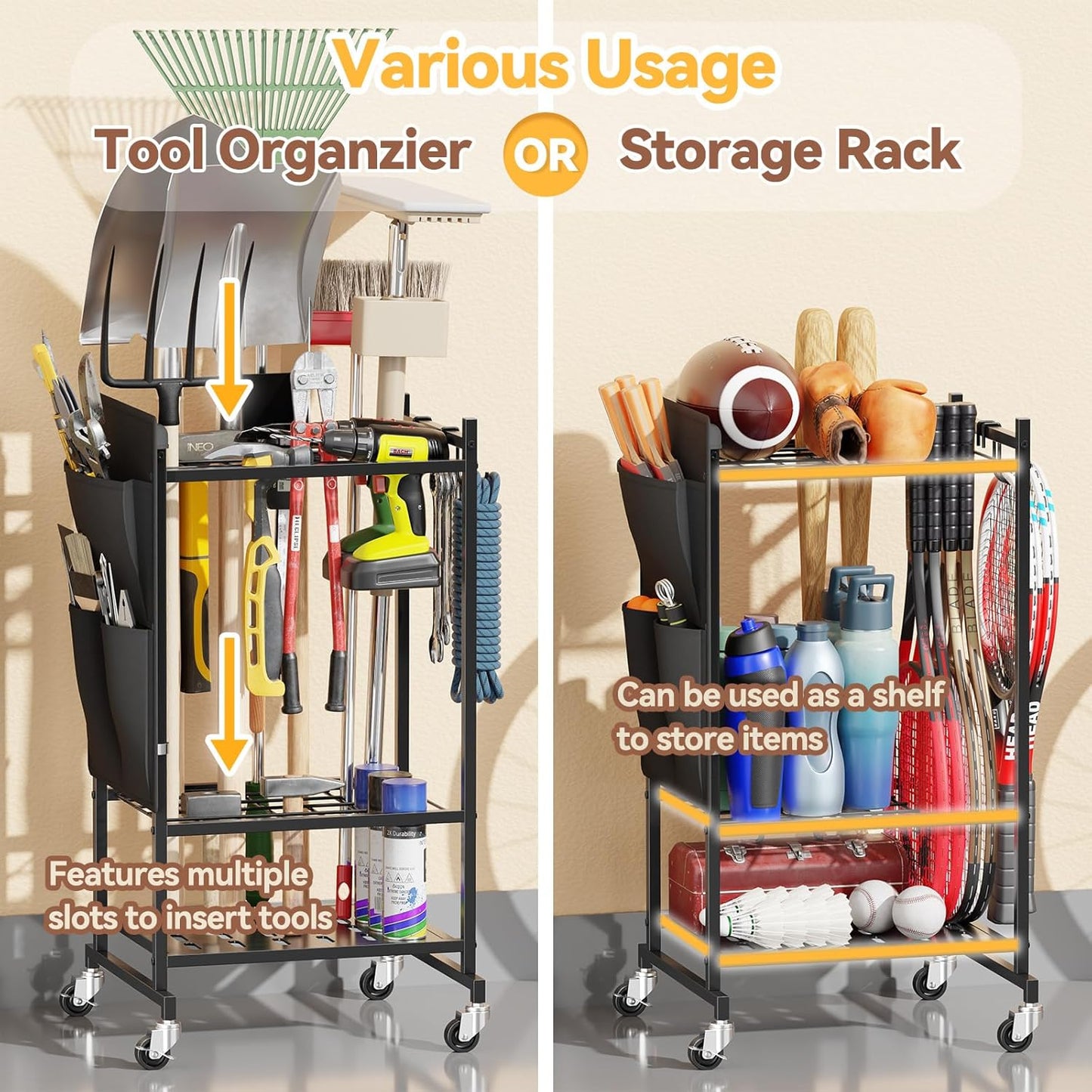 Garden Tool Organizer with Pockets, Rolling Yard Tool Storage Rack with 2 Hooks and Lockable Wheels, Black