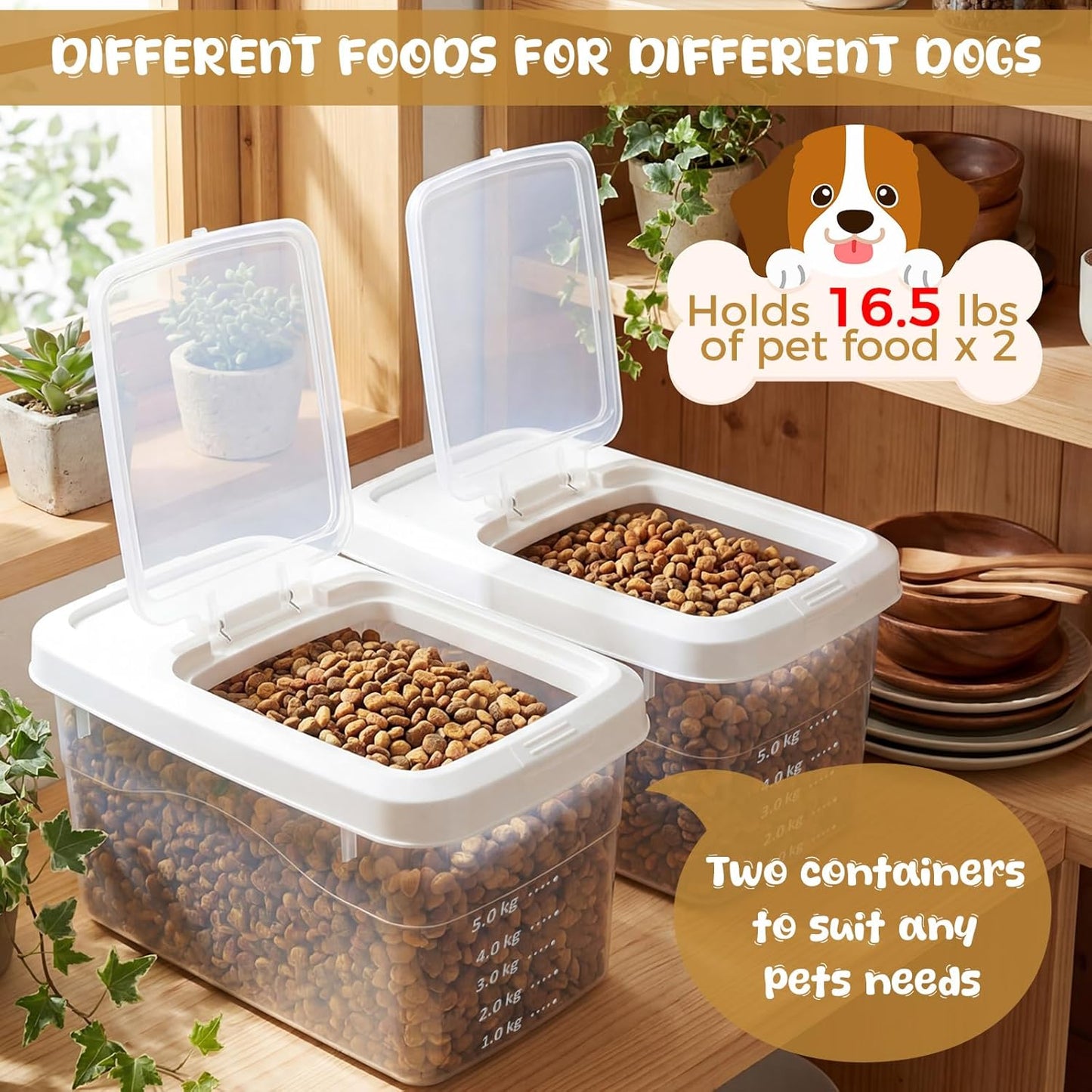 2 Pack Airtight Dog Food Storage Container, 16.5 Lbs Clear Pet Food Storage Bin with 2 Measuring Scoops for Pet Dog Cat Rice Grain Treat