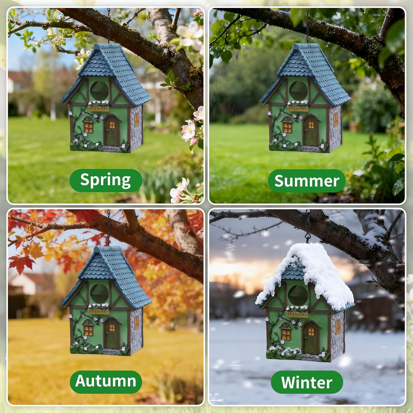 Bird Houses for Outside Cottage Garden Birdhouse –Green Resin Birdhouses for Outdoors with Flower and Stone Details for Bluebird Finches Cardinals Bird Nesting Garden, Patio, Yard