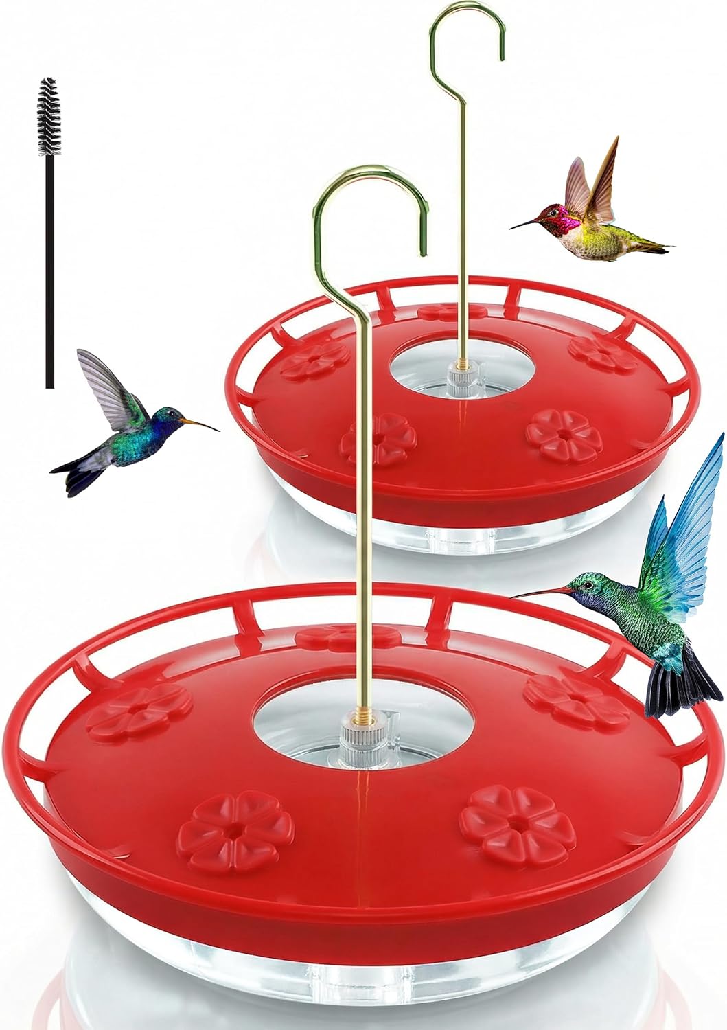 FEED GARDEN 2 Pack 16 oz Plastic Disc Hummingbird Feeders for Outdoors Hanging, Leak-Resistant Nectar Feeder with 5 Ports, Wide Mouth Easy Clean & Refill, Built-in Ant Moat for Garden Backyard