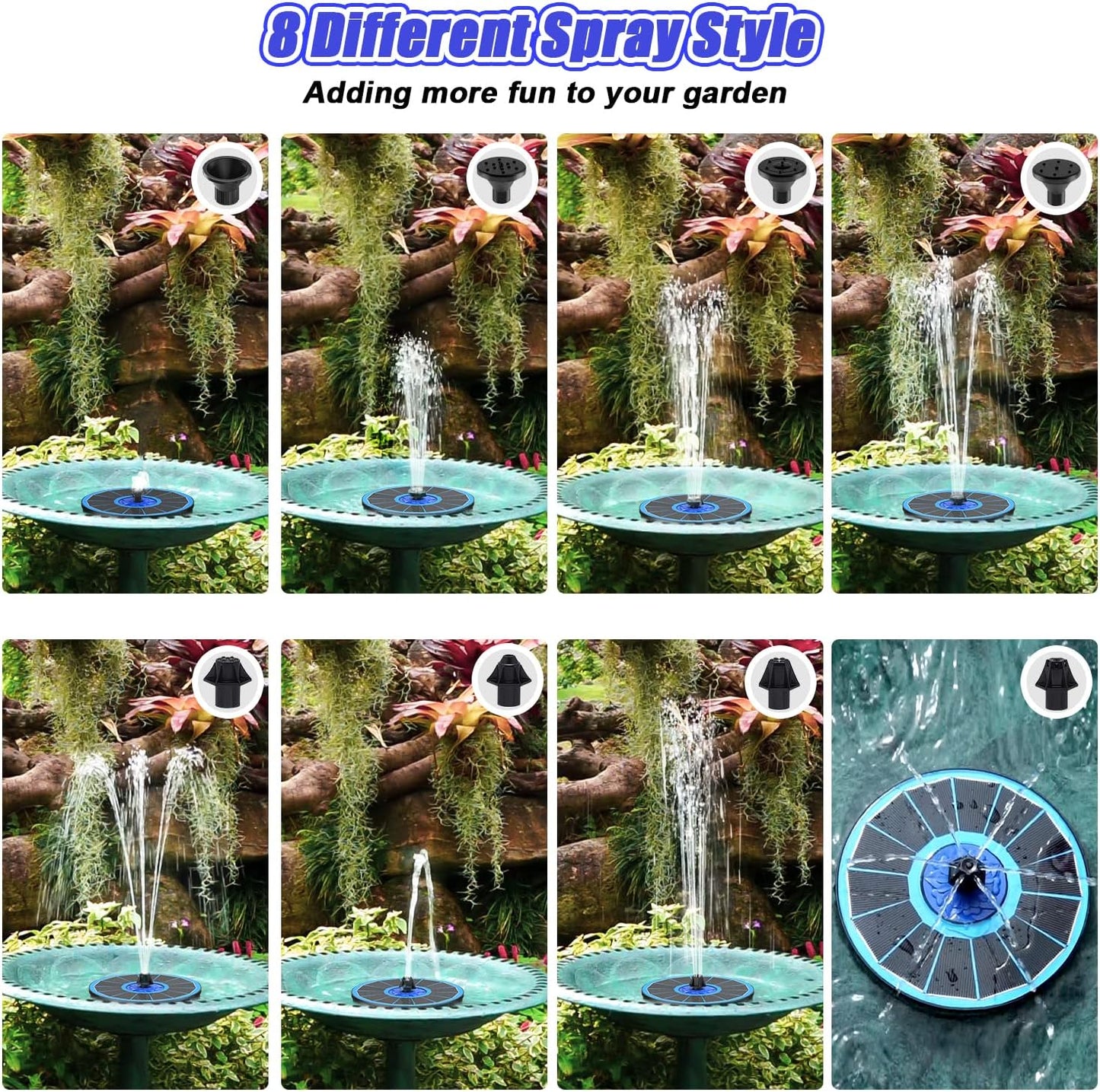 SZMP Solar Fountain Upgrade, 3.5W Solar Powered Bird Bath Fountains with Flower, Outdoor Water Feature Solar Pump with 7-in-1 Nozzles, 4 Fixed Pipes for Humingbirds, Garden, Pool, Pond, and Fish Tank