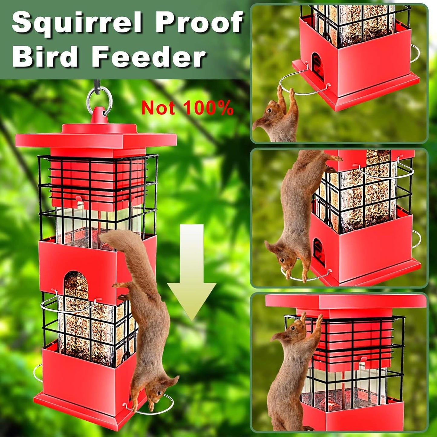 Squirrel Proof Bird Feeder,3Lbs Bird Feeders for Outdoors Hanging, Metal Birds Feeder with 4 Feeding Ports, Wild Birds Feeder for Cardinal, Finch, Sparrow (Red)