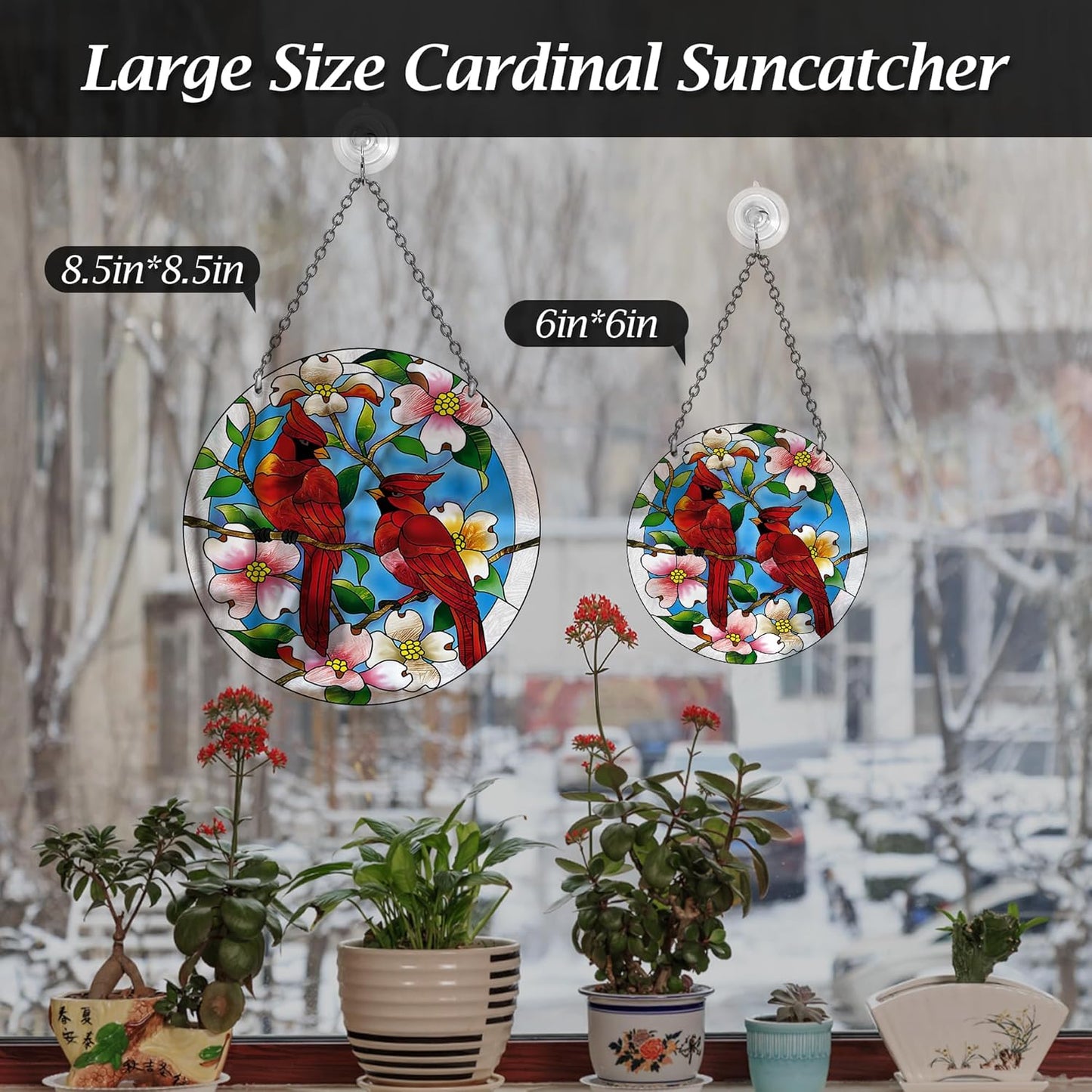 Cardinal Stained Glass Suncatcher, 8.6 inch Real Glass Window Hanging with Hook and Chain, Gift-Boxed Red Bird Decor for Bird Lovers, Mother’s Day and Christmas