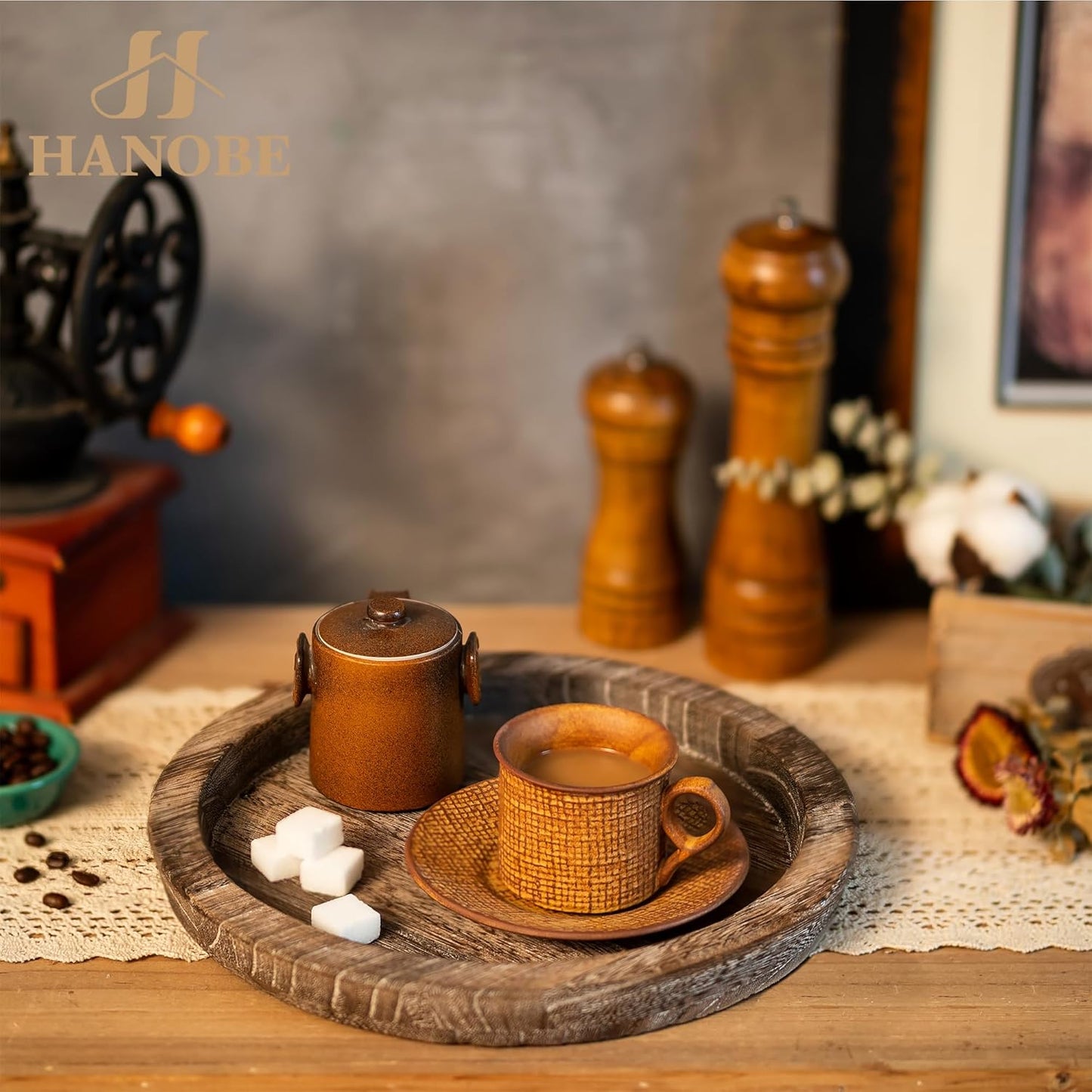 Hanobe Wooden Tray for Coffee Table: Candle Holder Plate Round Decorat