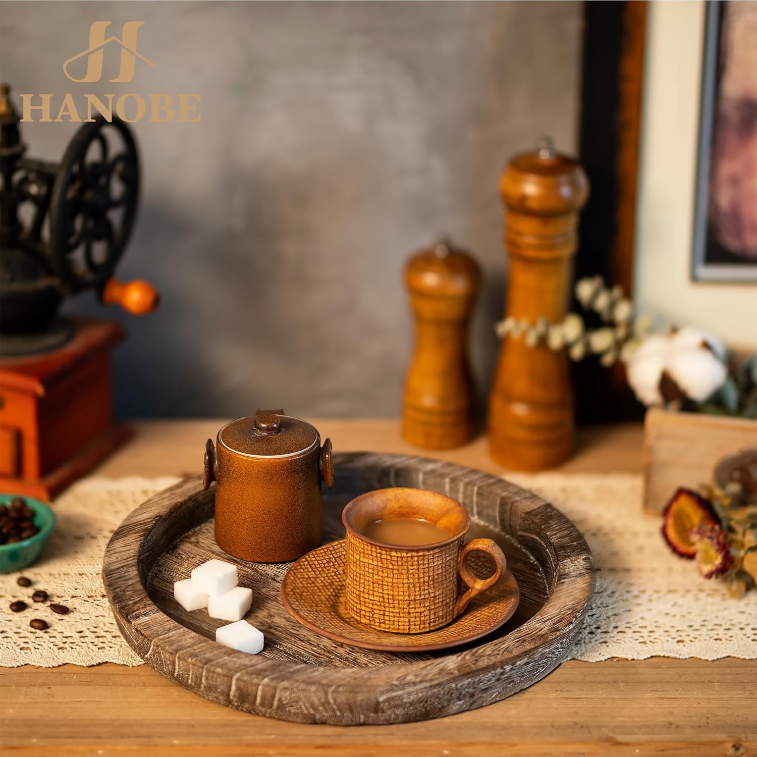 Hanobe Wooden Tray for Coffee Table: Candle Holder Plate Round Decorat
