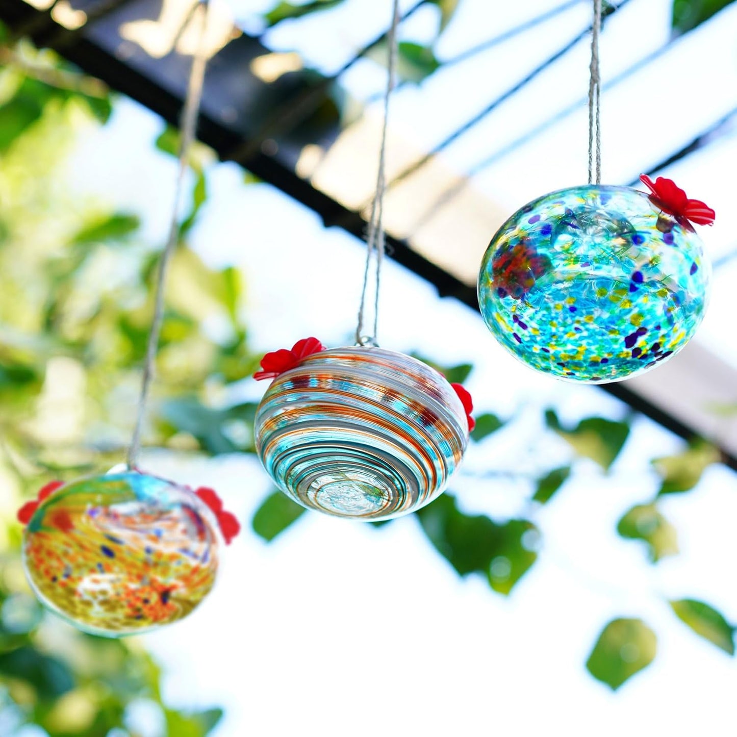 QFkris 3 Pack Blown Glass Hummingbird Feeder for Outdoors Hanging, 3.2" Small Hummingbird Feeder with Flower Feeding Ports, Bird Feeder for Outside Garden Backyard Decor, Gifts for Women