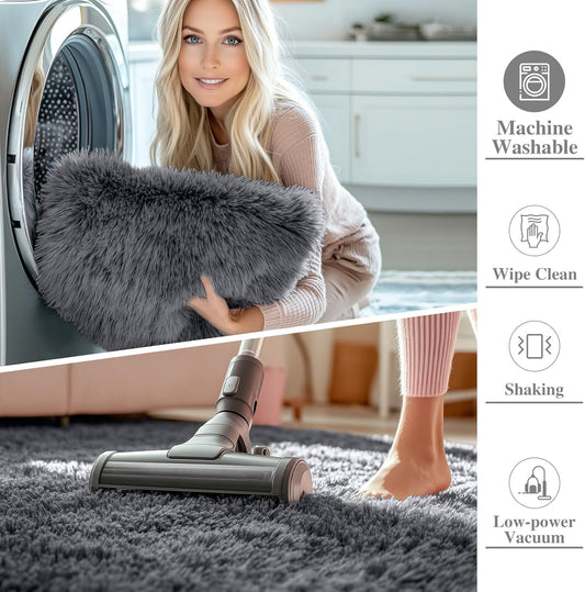 OLANLY Area Rugs for Living Room Bedroom, Machine Washable 4x5.9 ft Soft Fluffy Shaggy Bedside Rug, Indoor Floor Carpet for Kids Girls and Boys, Dorms, Nursery Rooms, Home Decor Aesthetic, Grey