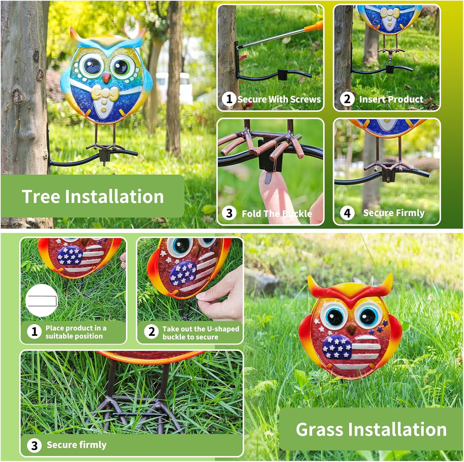 Owl Garden Decor for Outside, 3 Pack Metal & Glass Owl Yard Art, Lawn 