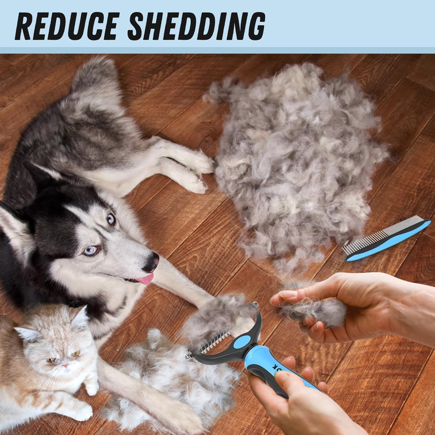 Pet Grooming Combo - Blue Deshedding Brush with Metal Comb for Detangl