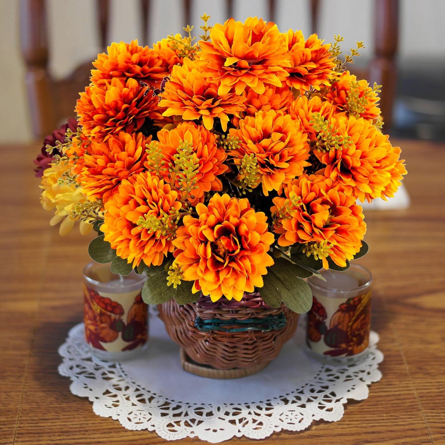 Fall Flowers Artificial Mums 2 Pcs 18 Heads Silk Chrysanthemums Fake Mums Faux Floral Bouquet Arrangements for Home Decor Indoor Outdoors Planter Pots Porch Wedding Autumn Decoration