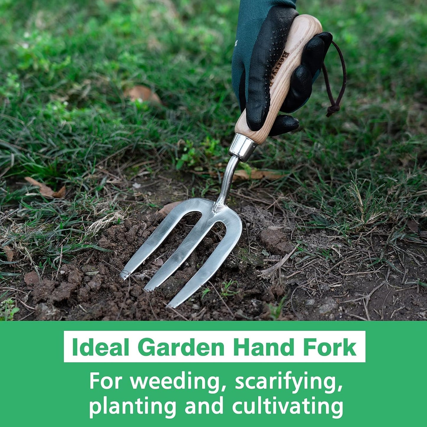 Berry&Bird Gardening Hand Fork, Stainless Steel Hand Weed Fork, Traditional Garden Hand Fork Tool with Ergonomic Ash Wood Handle for Weeding, Digging, Planting and Cultivating