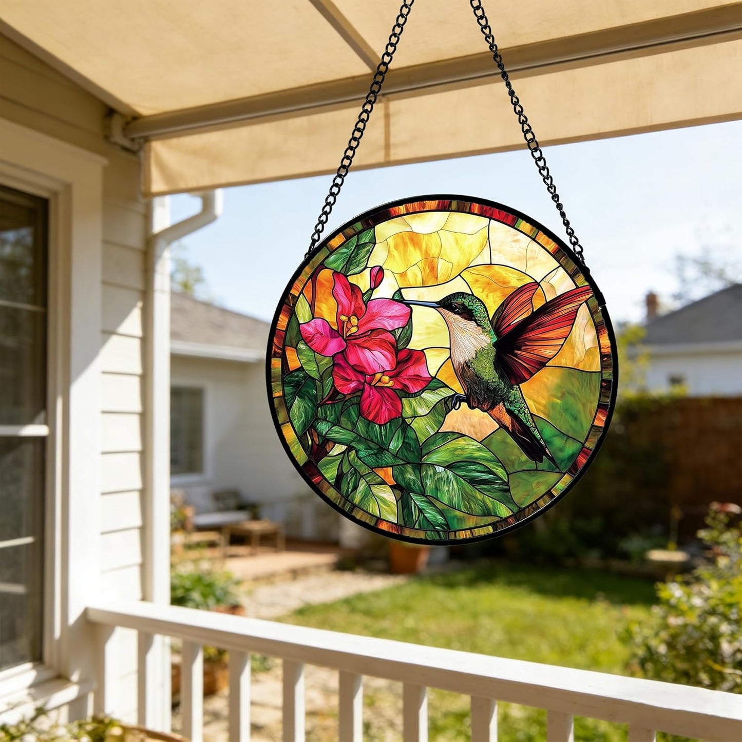 Stained Glass Suncatcher, Hummingbird Red Flowers Green Leaves Sun Catcher Stain Glass Window Hanging Decoration Mother's Day Birthday Gifts for Bird Lover Women Men Mom Nana 6.3 in