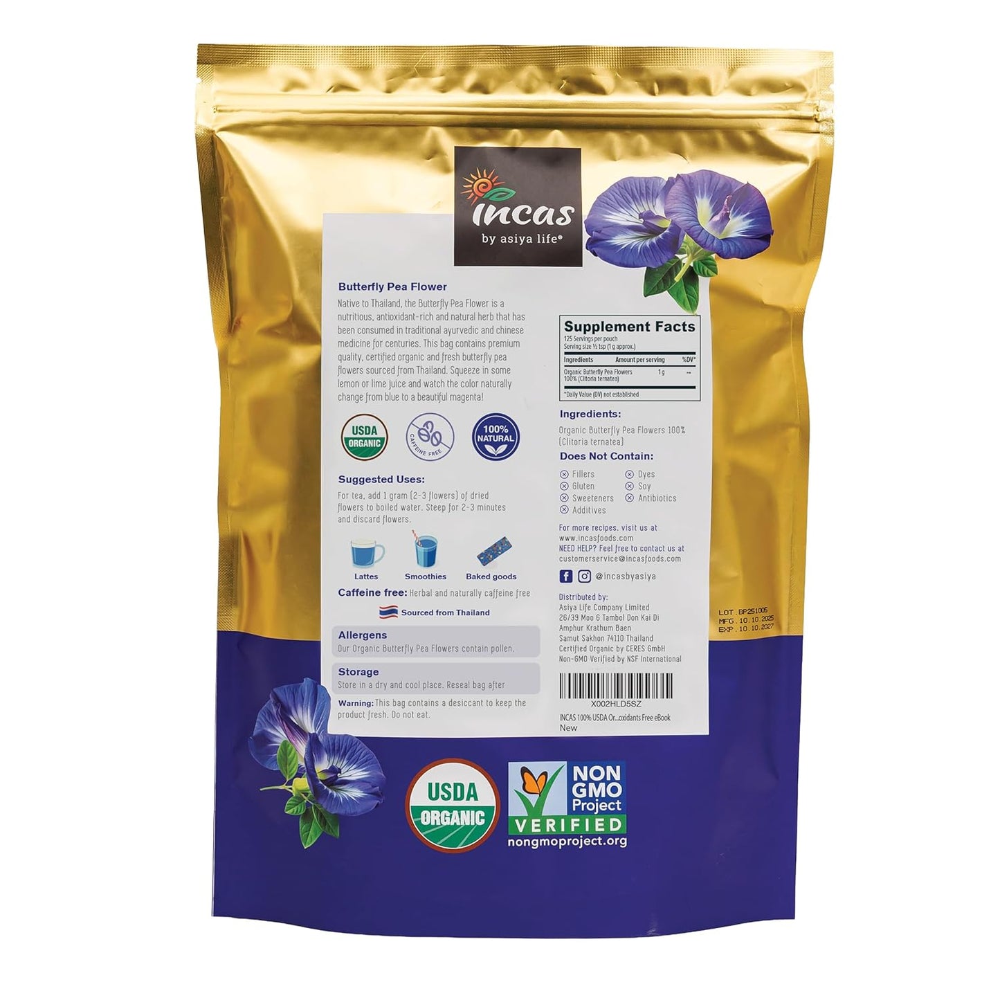 INCAS 100% USDA Organic Butterfly Pea Flower 4.41 oz (375+ Cups) DIREC