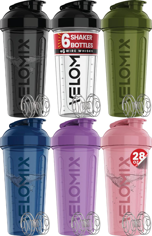 VELOMIX -6 PACK- 28 oz Protein Shaker Bottle for Protein Mixes -6x Wir