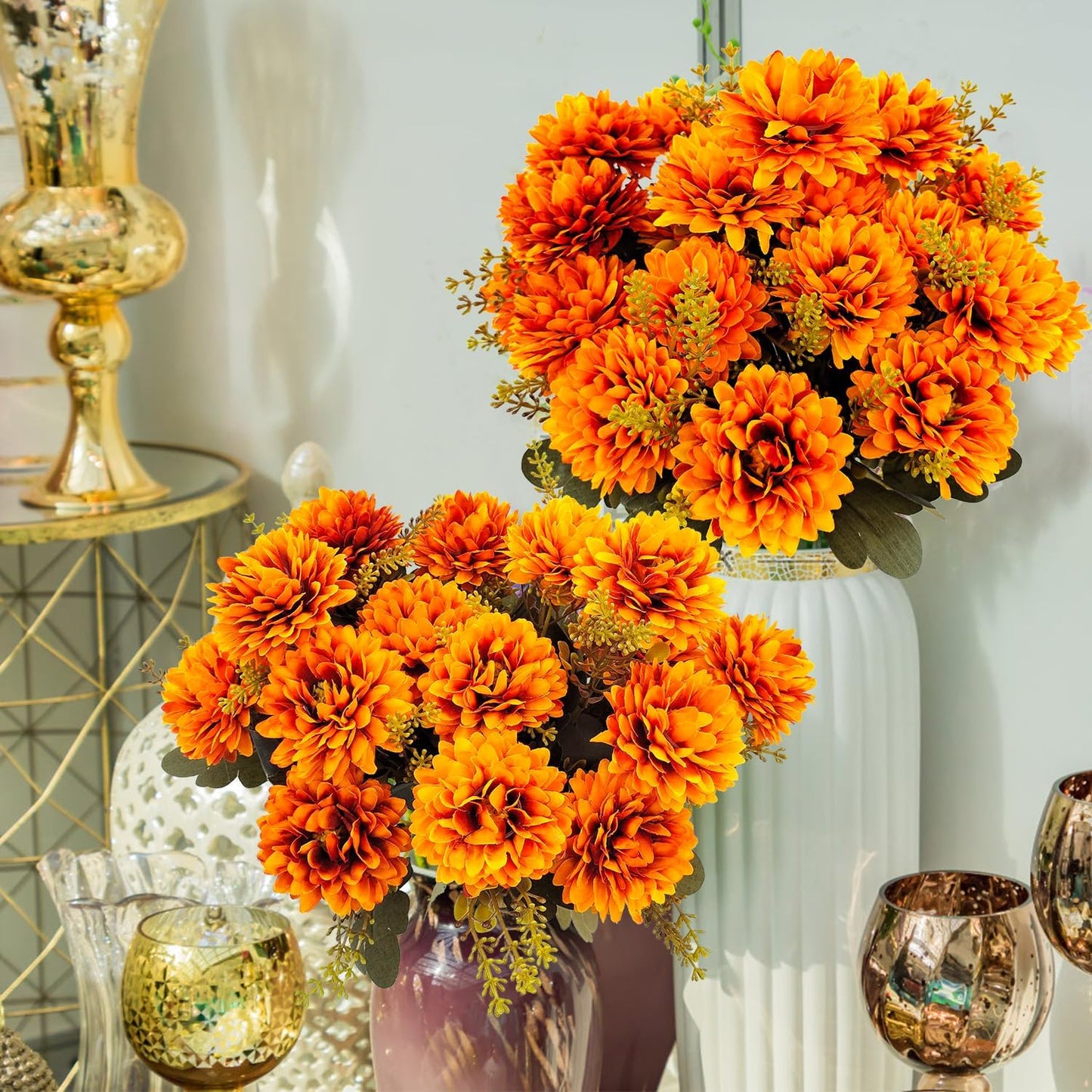 Fall Flowers Artificial Mums 2 Pcs 18 Heads Silk Chrysanthemums Fake Mums Faux Floral Bouquet Arrangements for Home Decor Indoor Outdoors Planter Pots Porch Wedding Autumn Decoration