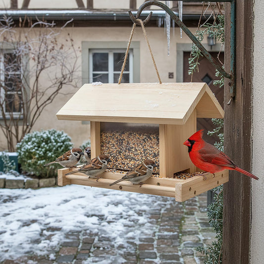 Hanging Wooden Bird Feeder Outdoor Large Capacity Wood Birdfeeder for 