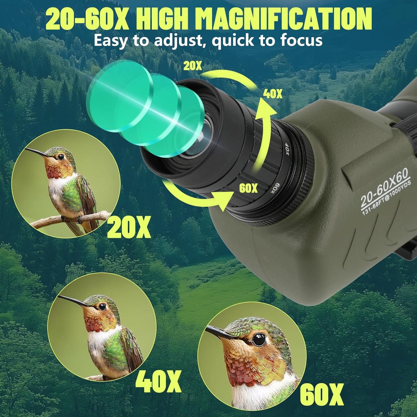 20-60x60 Spotting Scope, IPX7 Floating Waterproof Spotting Scopes for Target Shooting with Tripod BAK4 Prism & FMC Lens, Spotter Scope for Birding Wildlife Viewing, Phone Adapter Carrying Bag, Green