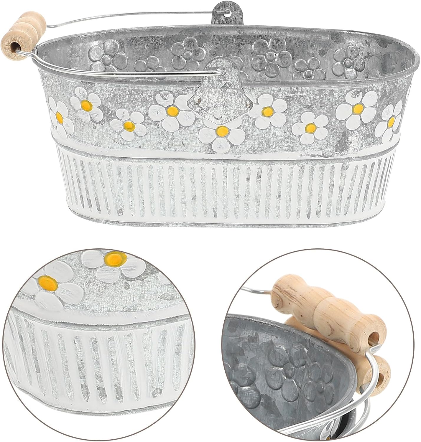 Milisten 2pcs Retro Embossed Daisy Iron Flower Buckets Oval Vintage Pl