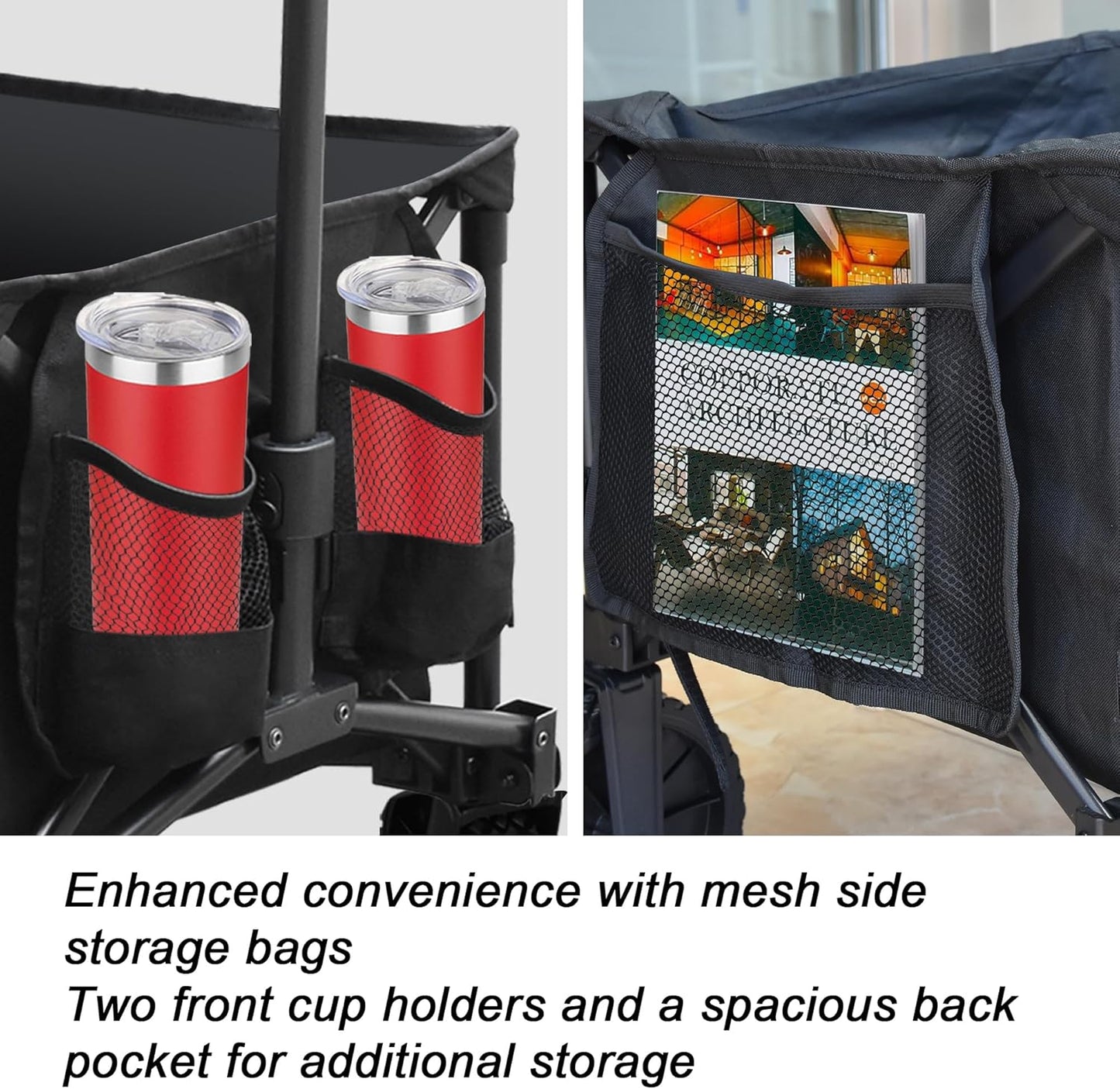 Eurmax USA Collapsible Outdoor Folding Wagon Cart All-Terrain Utility Wagon Heavy Duty Camping Patio Shopping Garden Sporting Wagon Cart with Side Bag & Cup Holder