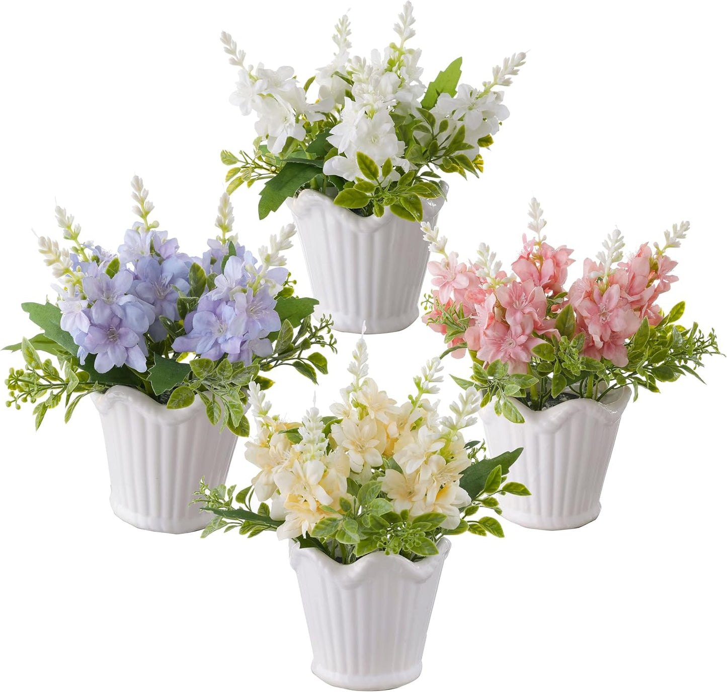 LUEUR 4PCS Artificial Spring Flower with Ceramic Pot, Spanish Dagger Plants Centerpiece Table Decorations – Faux Plants in Ceramic Planters for Dining Table, Coffee Table, Home, Office & Spring Decor