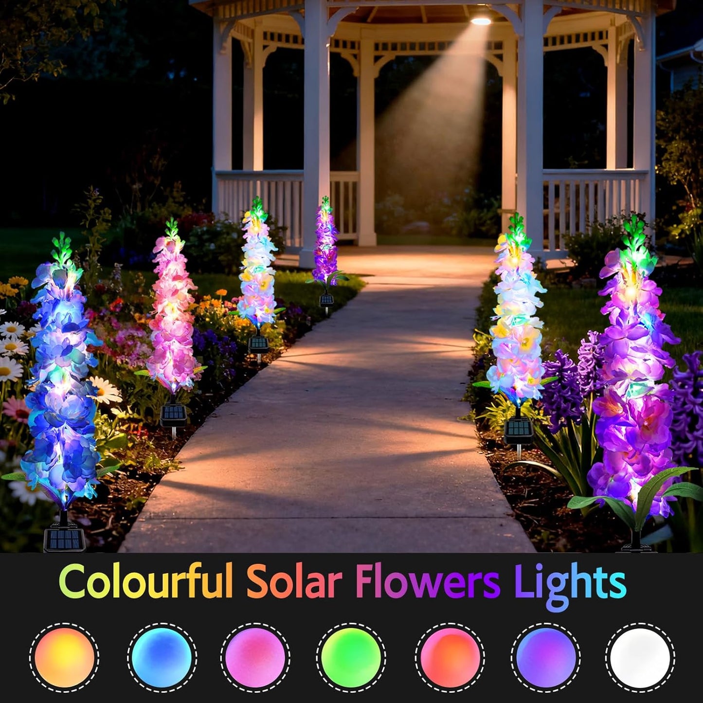 Solar Garden Lights, Solar Delphinium Flowers Lights 4 Pack 80 LEDs, W