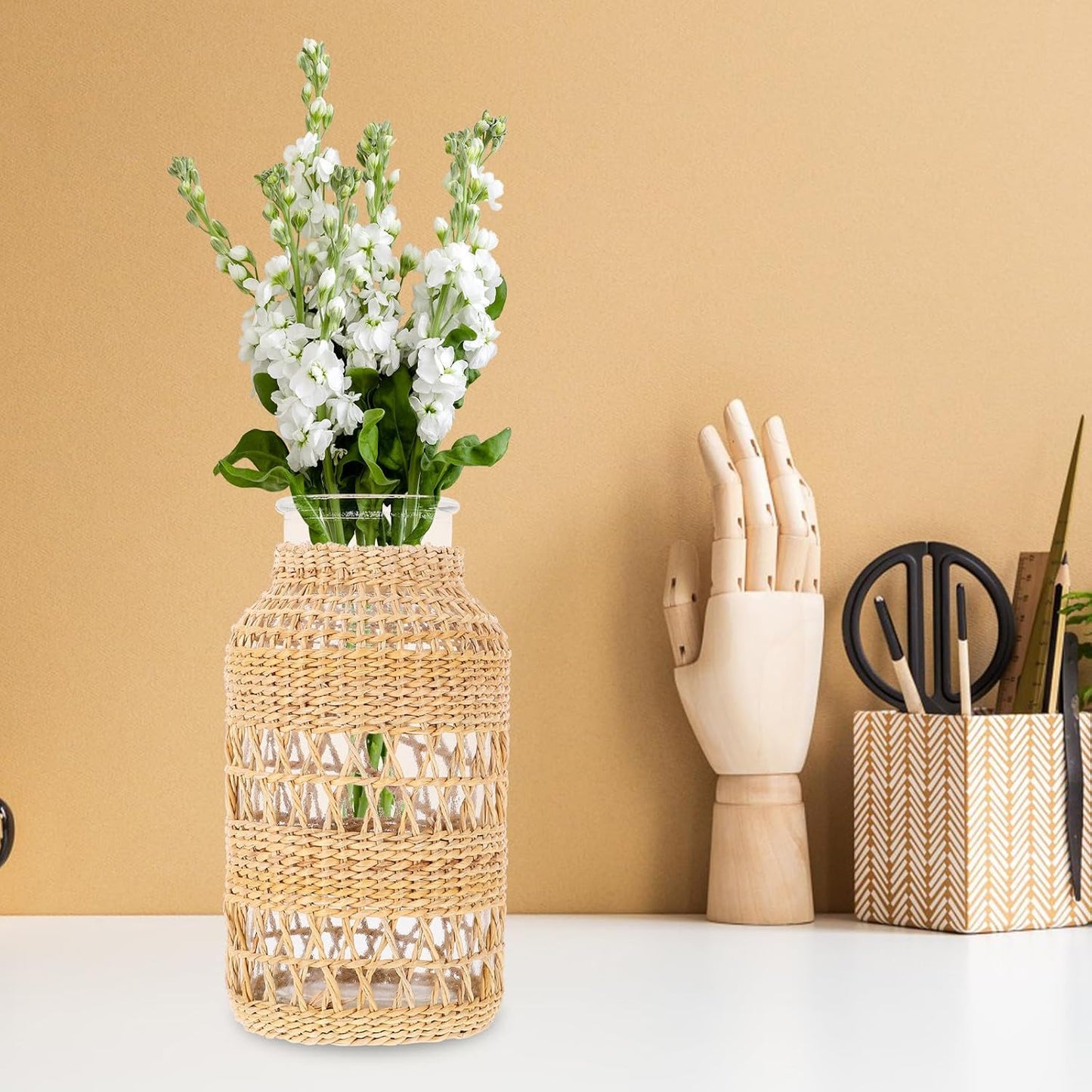 FAVOMOTO Woven Rattan Glass Flower Vase Decorative Table Planter Pot with Seagrass Texture Vintage Style for Home Décor and Office Arrangement
