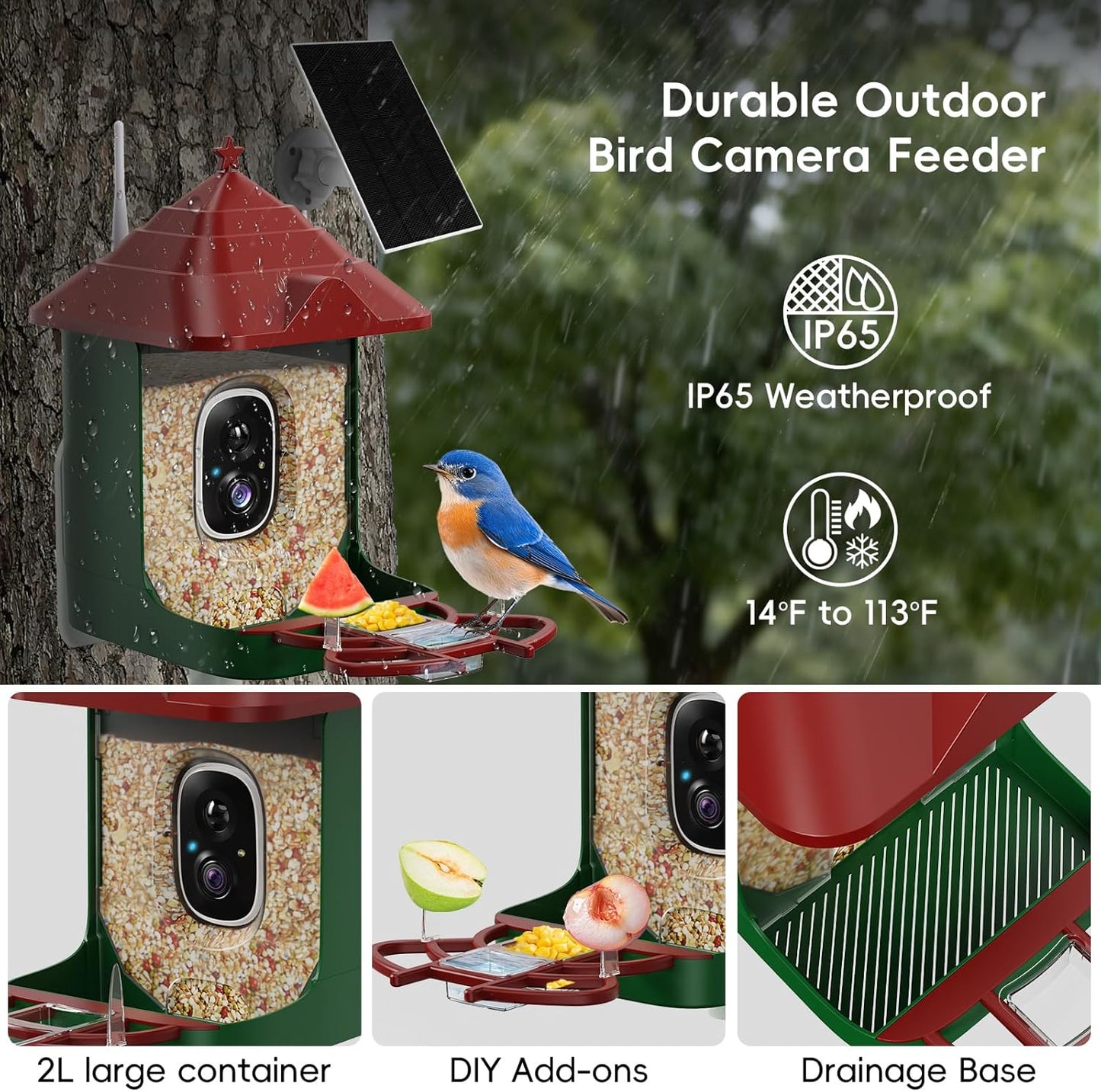 Smart Bird Feeder with Camera, Solar Panel & 5200mAh Battery, 4K HD Video, AI Identification, Instant Arrival Alerts & Alarm, IP65 Weatherproof, 32GB Card, 2L Capacity, for Bird Lover (Red Green)