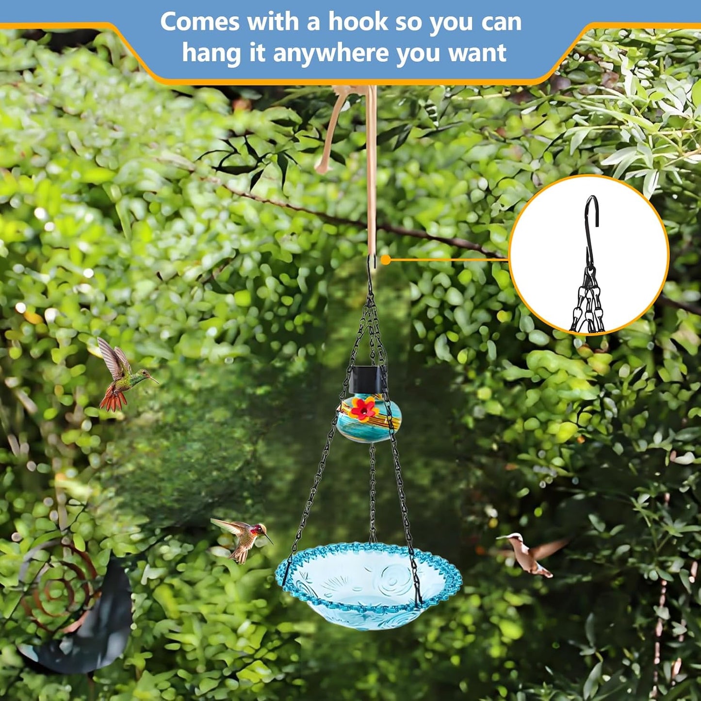 Hummingbird Feeder with Solar Light, Outdoor Hanging Glass Bird Feeder for Garden Patio, Solar Powered Lantern Design, Decorative Nectar Feeder