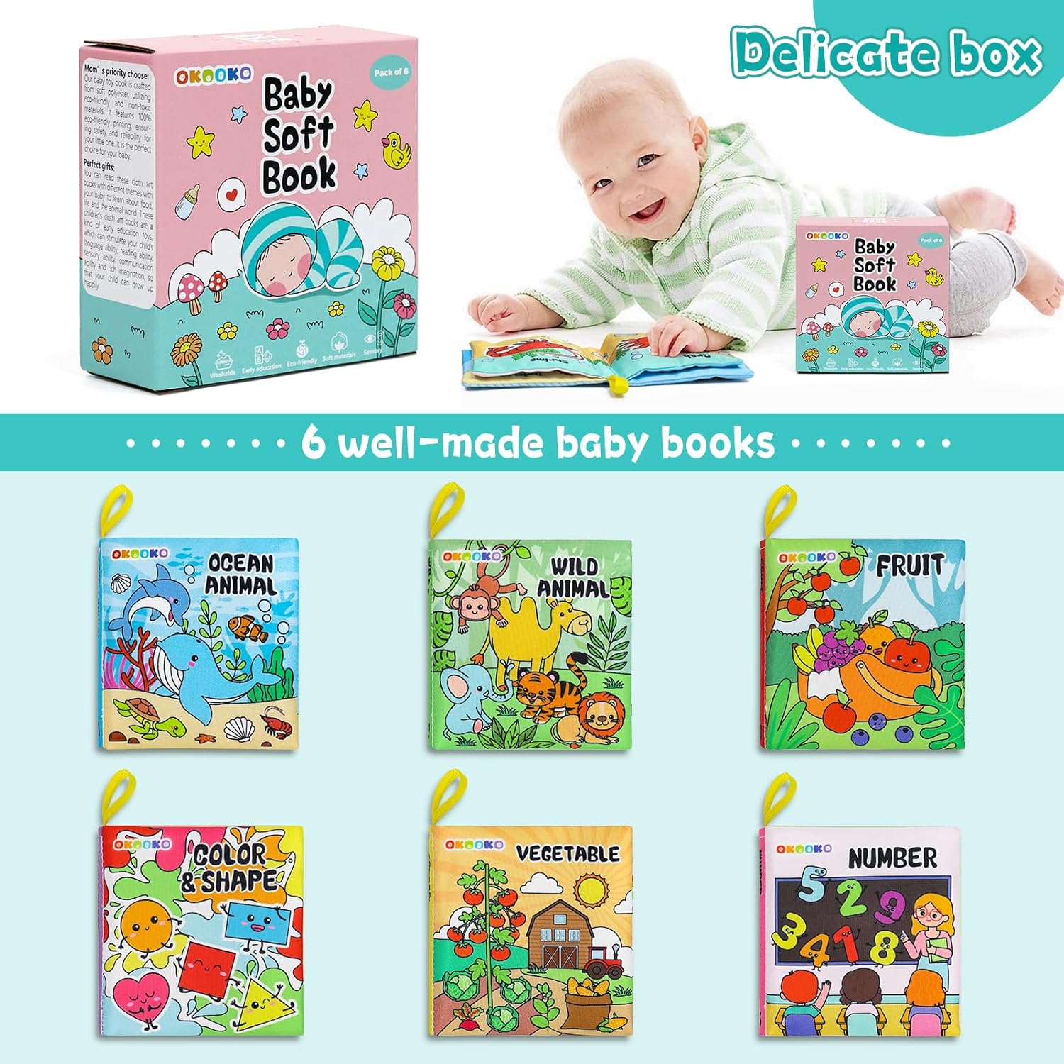 OKOOKO Soft Baby Books 6PCS Soft Cloth Books Bath Books Crinkle Washab