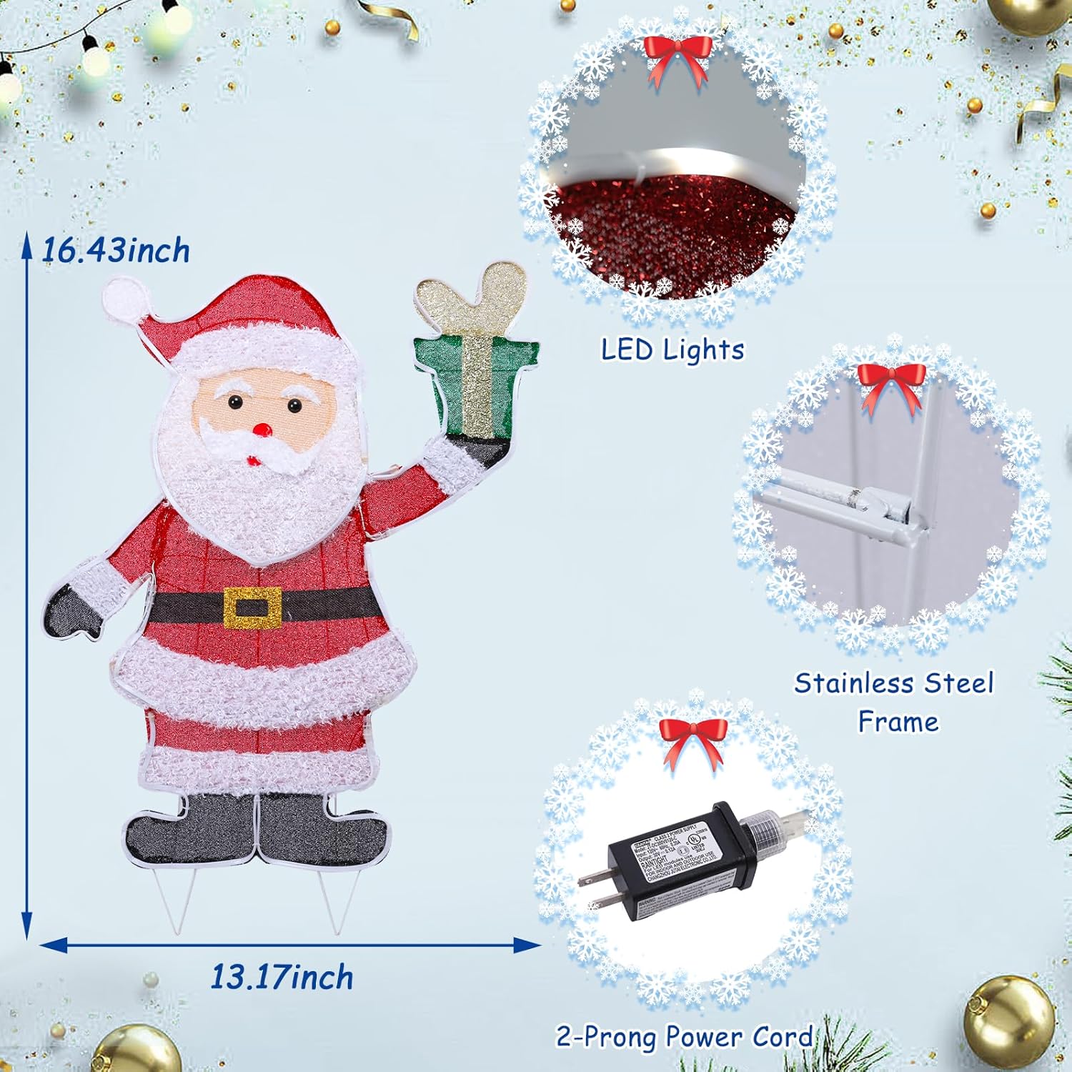 Lighted Santa Claus Christmas Decorations, Pre Lit White Neon Light Sa