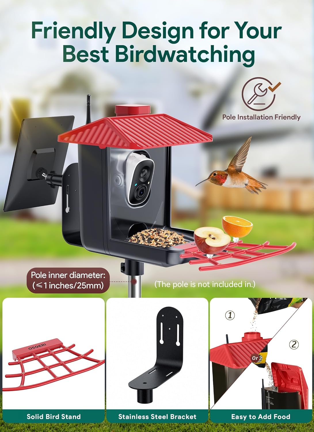 Osoeri Bird Feeder with Camera, Smart AI Identify Wild Bird Feeders Camera, 1080P Auto Capture Bird's Video & Motion Detection, with DIY Add-ons & Hummingbird Feeder, Gifts for Bird Lover (Red Black)
