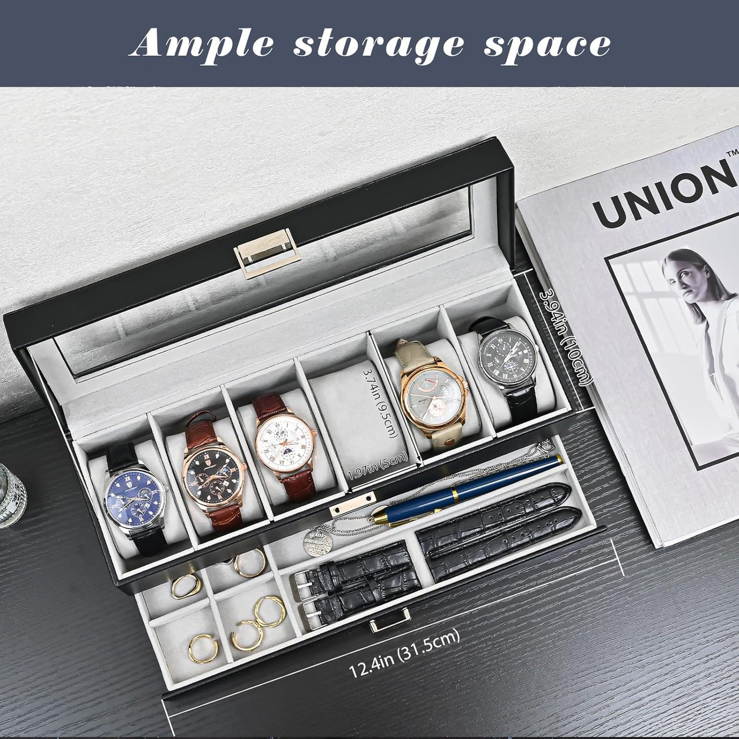 ProCase Watch Box, 6 Slot Watches Display Case with Drawer, Mens Watch
