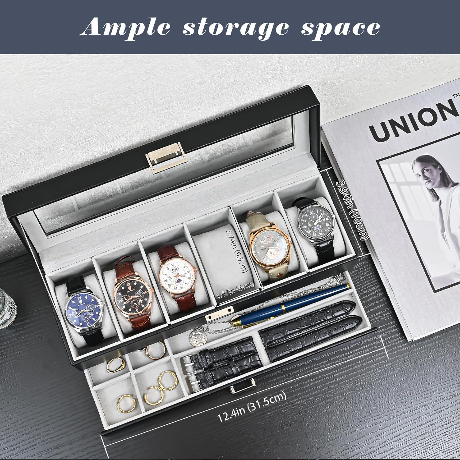 ProCase Watch Box, 6 Slot Watches Display Case with Drawer, Mens Watch